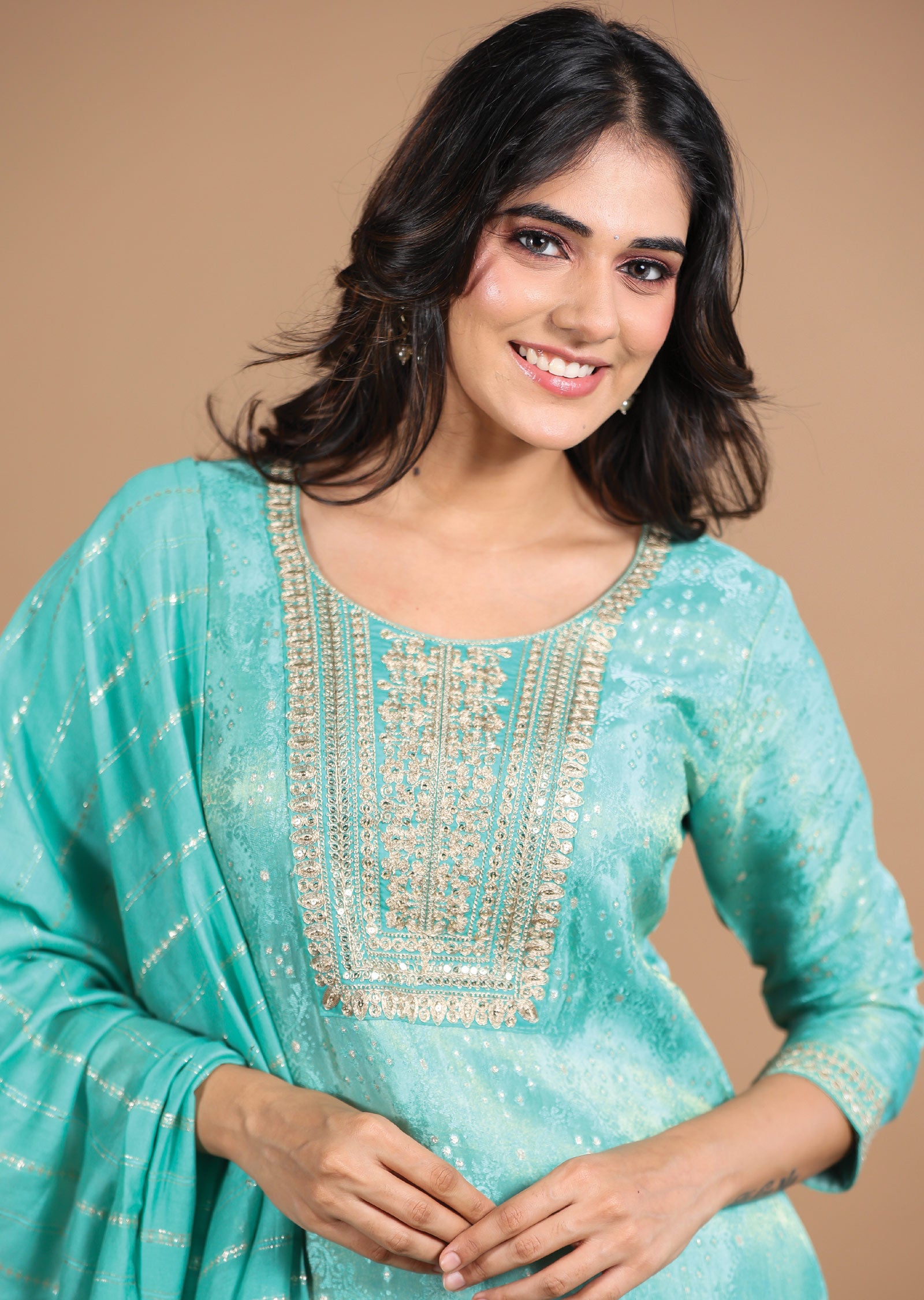 Green Banara Tissue Silk Straight cut suits