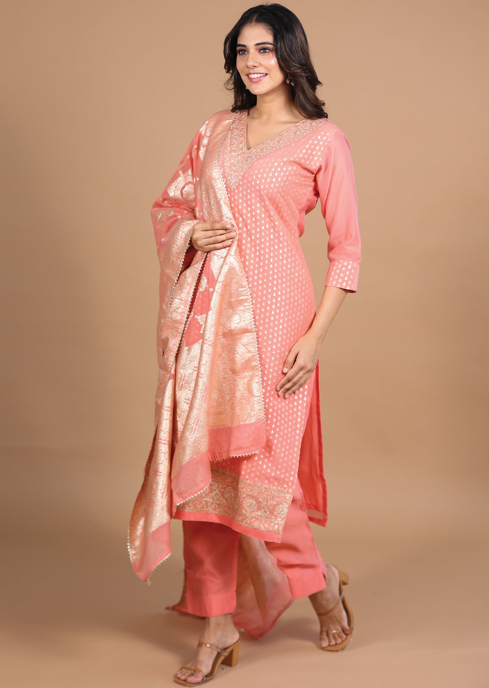 Peach Chanderi Straight cut suits