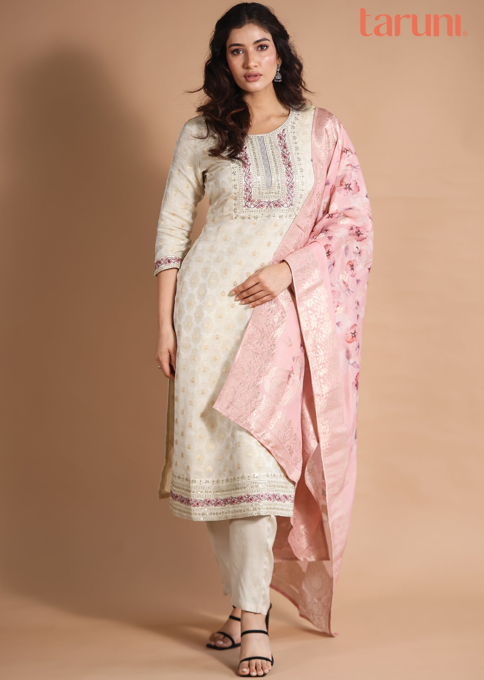 Beige Banaras Tissue Straight cut suits