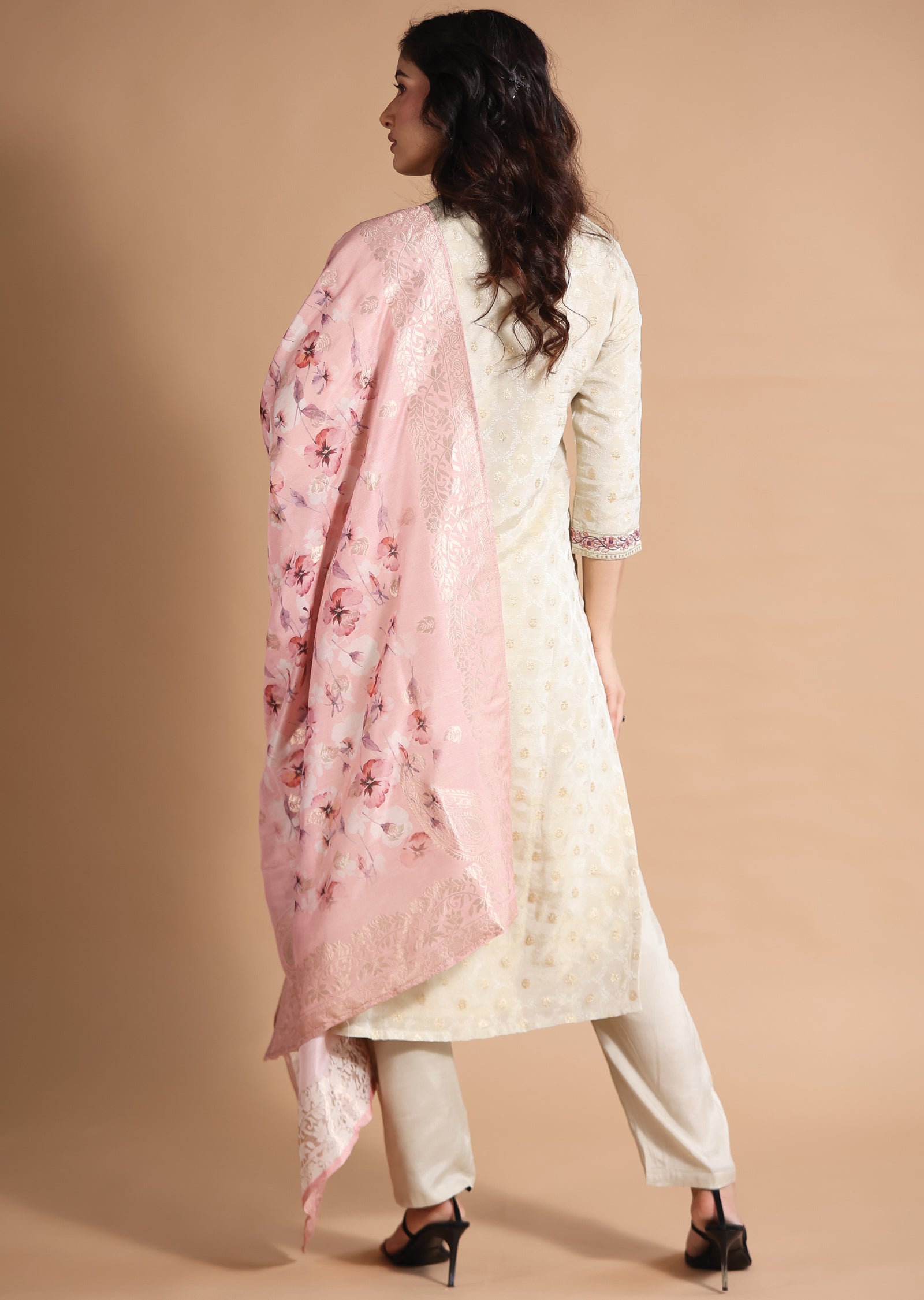 Beige Banaras Tissue Straight cut suits