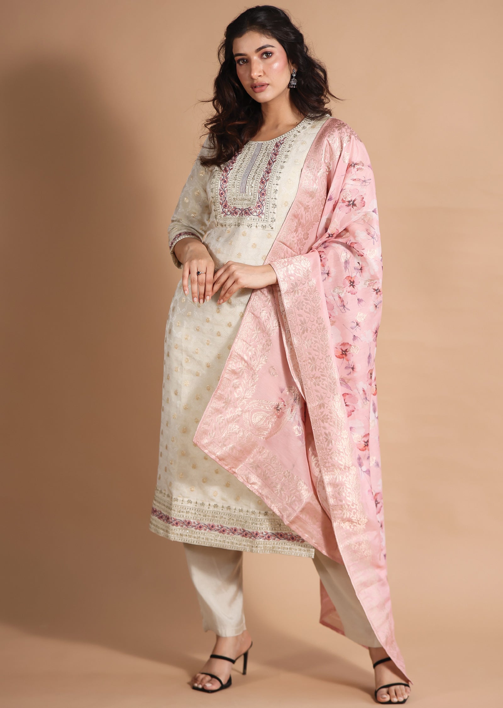 Beige Banaras Tissue Straight cut suits