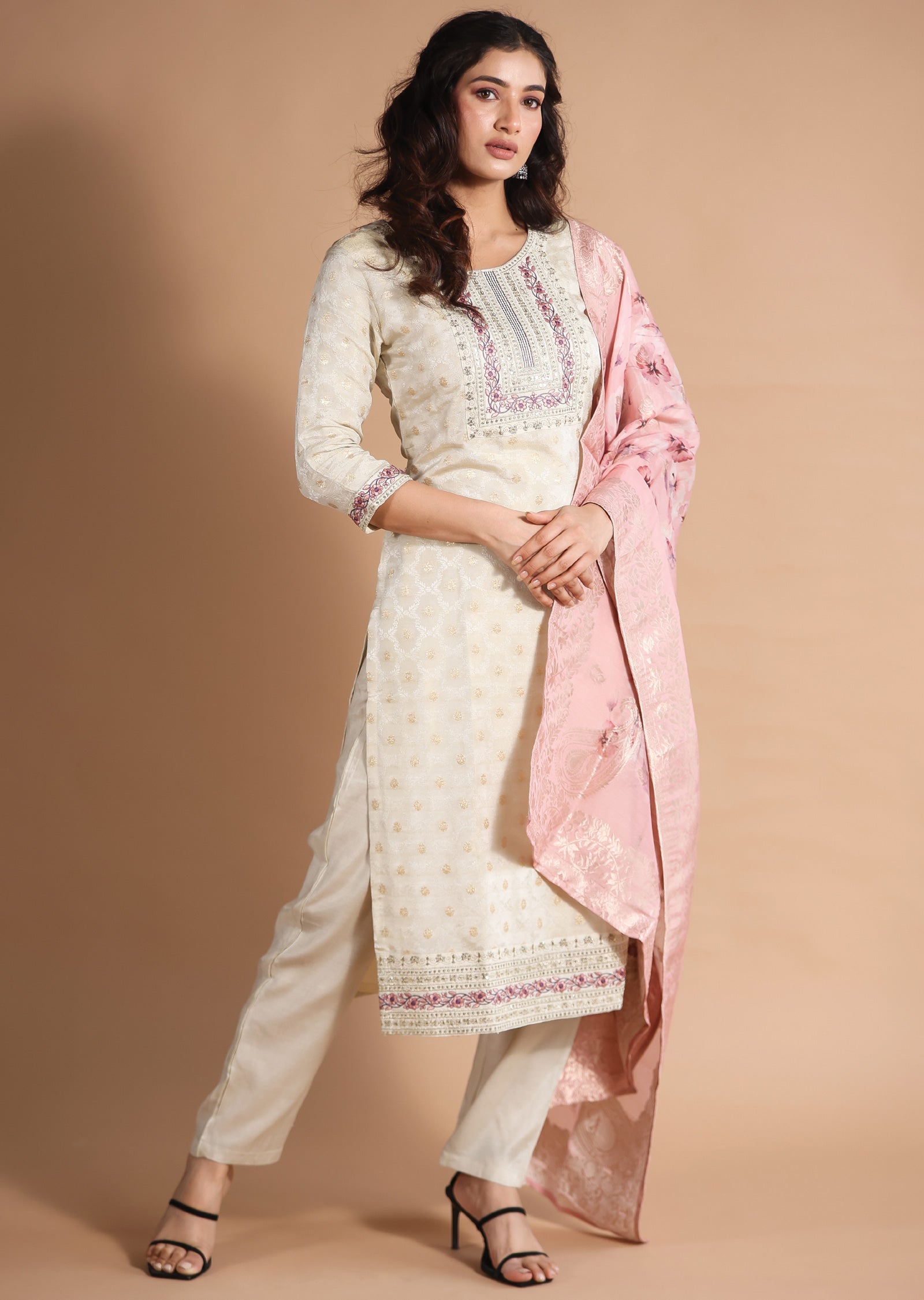 Beige Banaras Tissue Straight cut suits