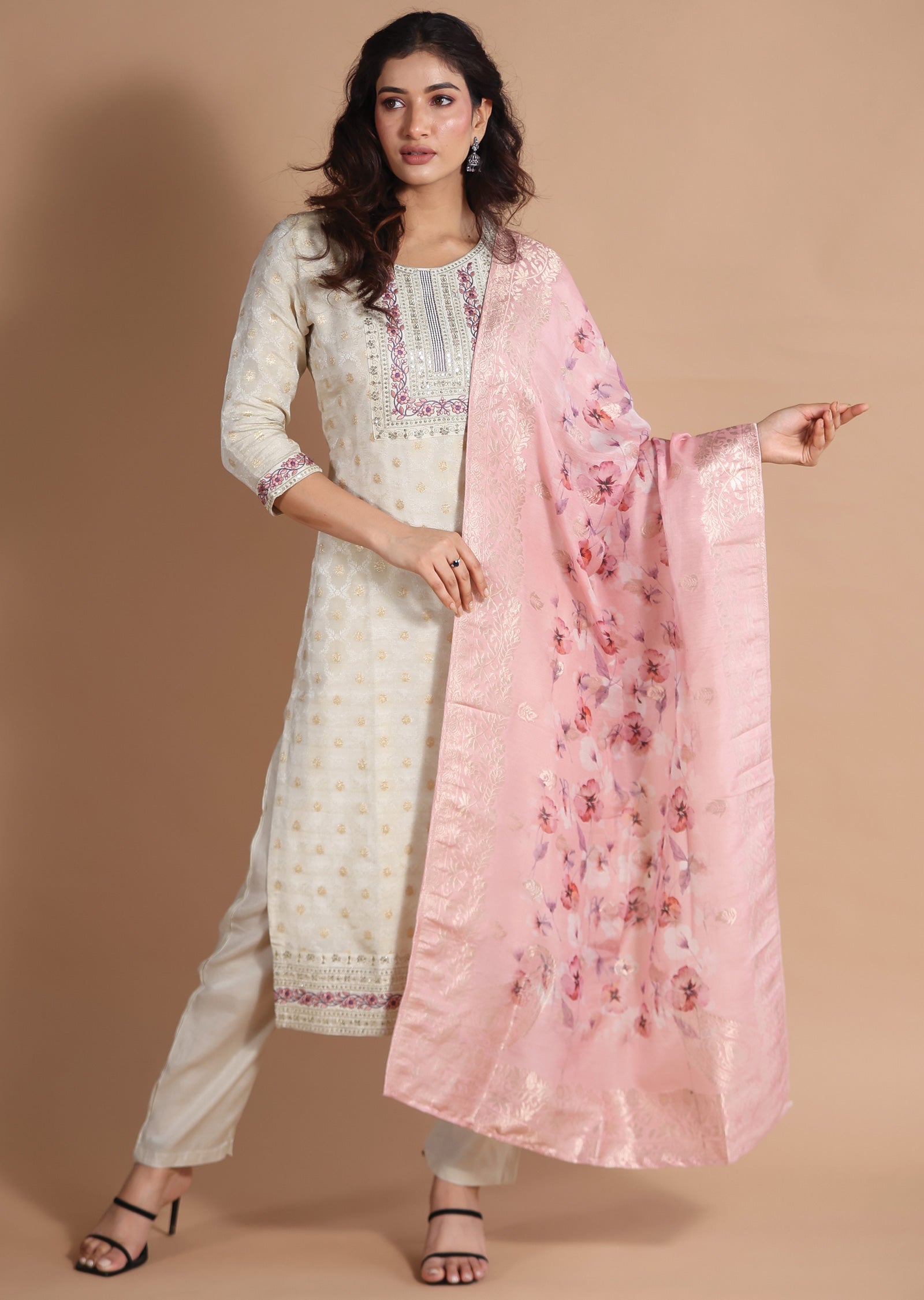 Beige Banaras Tissue Straight cut suits
