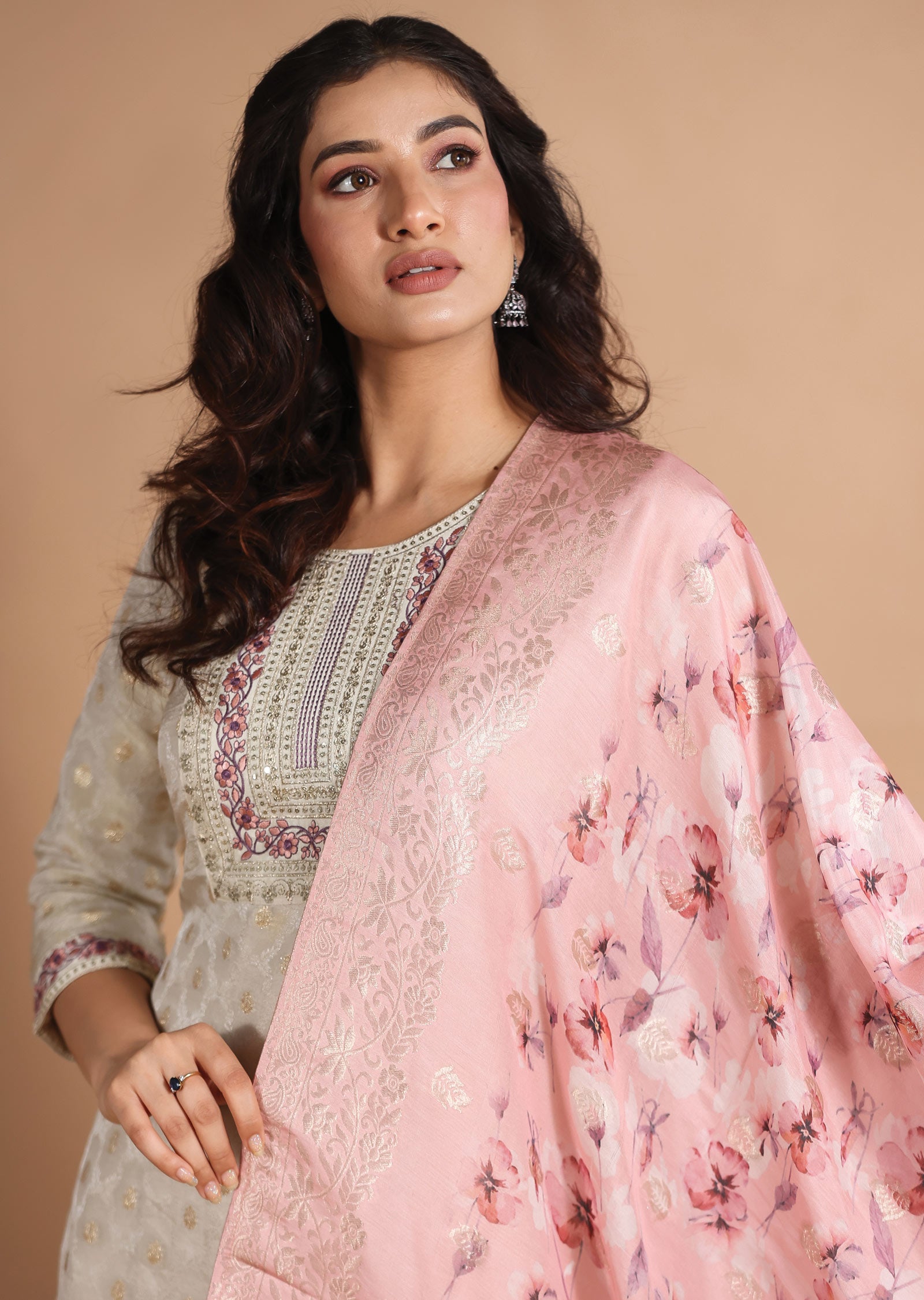 Beige Banaras Tissue Straight cut suits