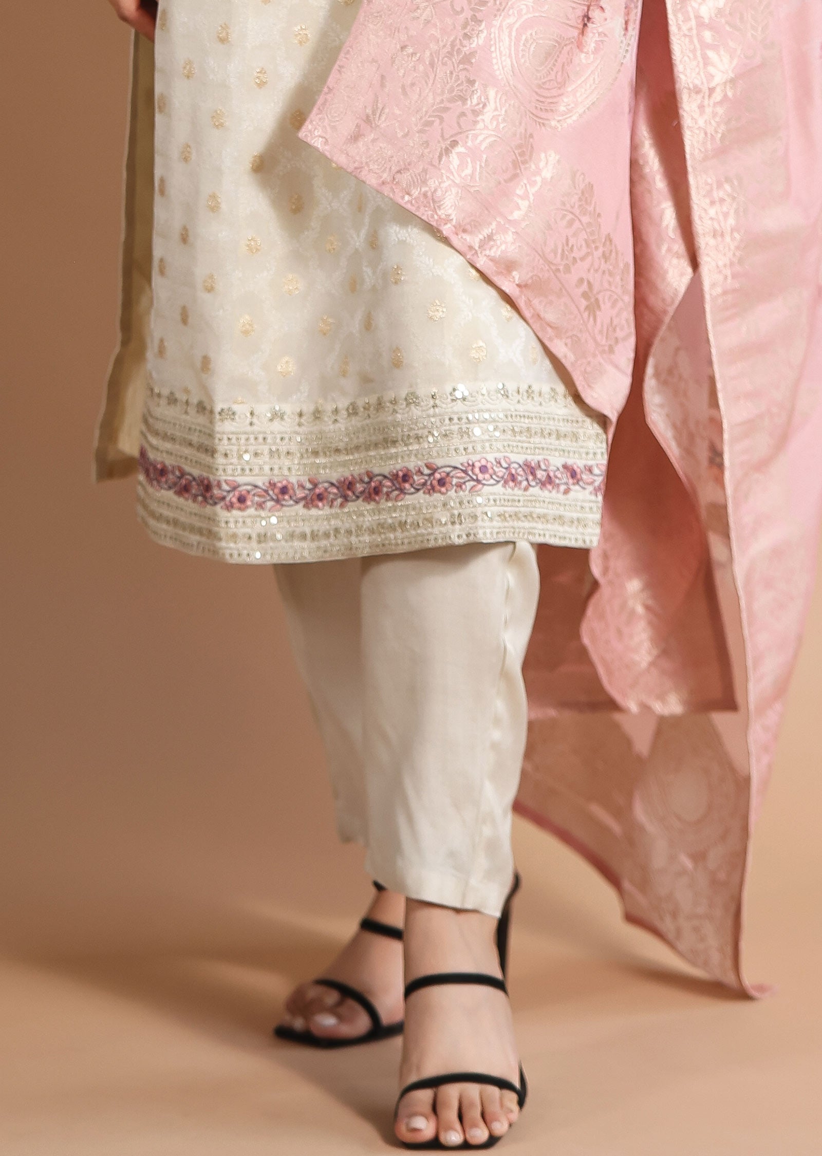 Beige Banaras Tissue Straight cut suits