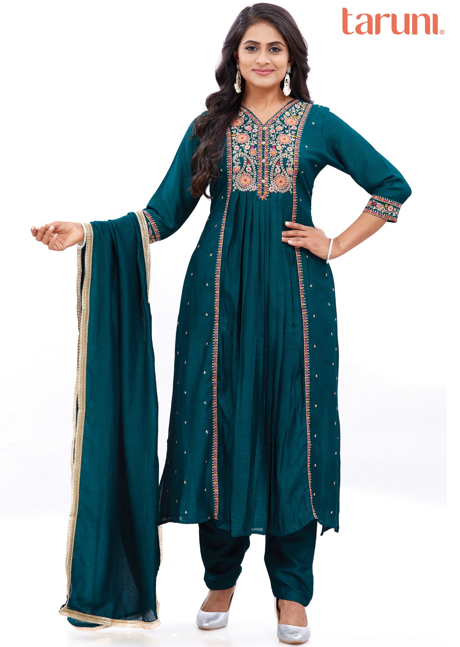 Dark Green Silk Kurti with Zari, Resham & Sequence Work