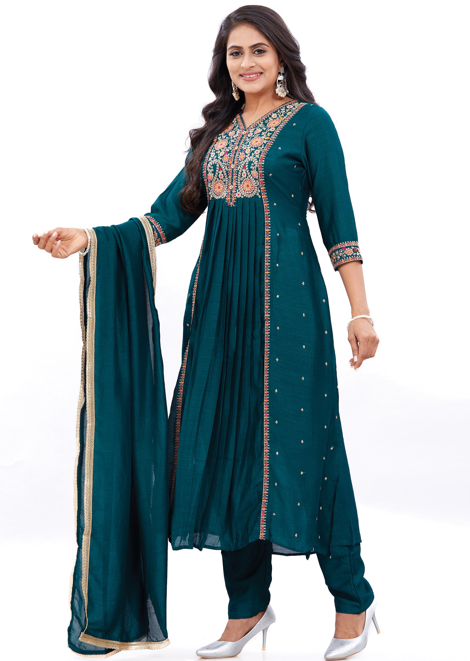 Dark Green Silk Kurti with Zari, Resham & Sequence Work