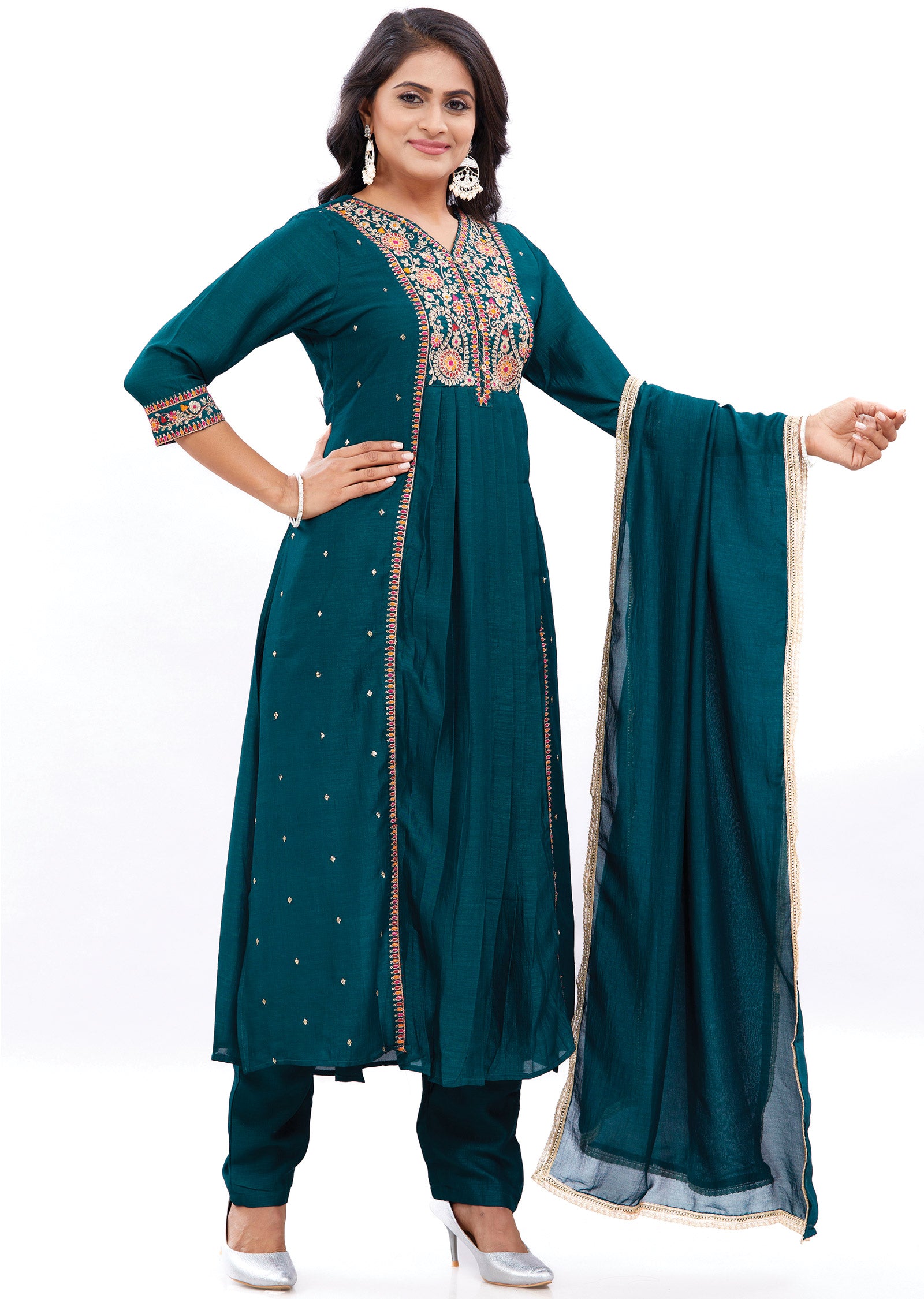 Dark Green Silk Kurti with Zari, Resham & Sequence Work
