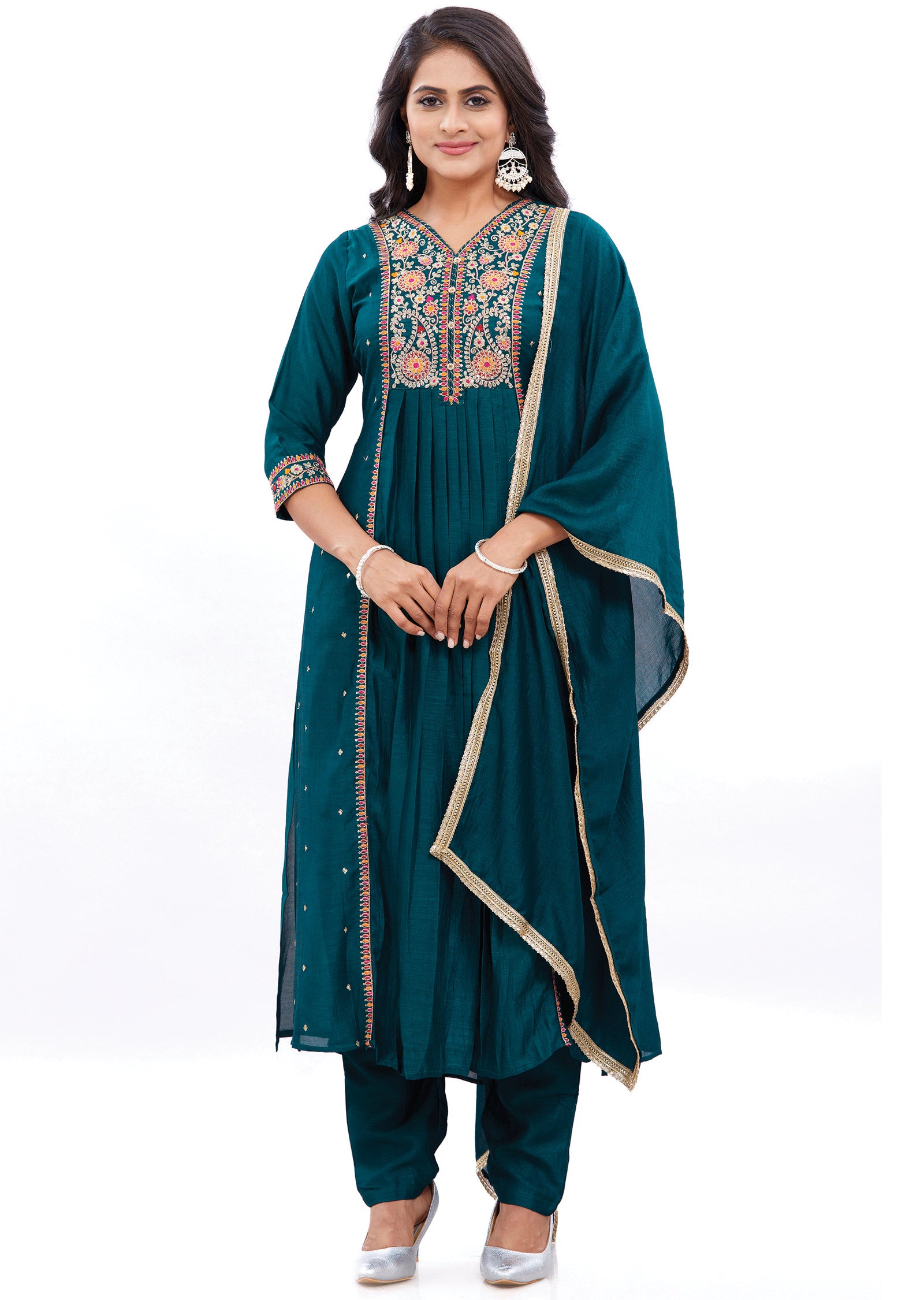 Dark Green Silk Kurti with Zari, Resham & Sequence Work