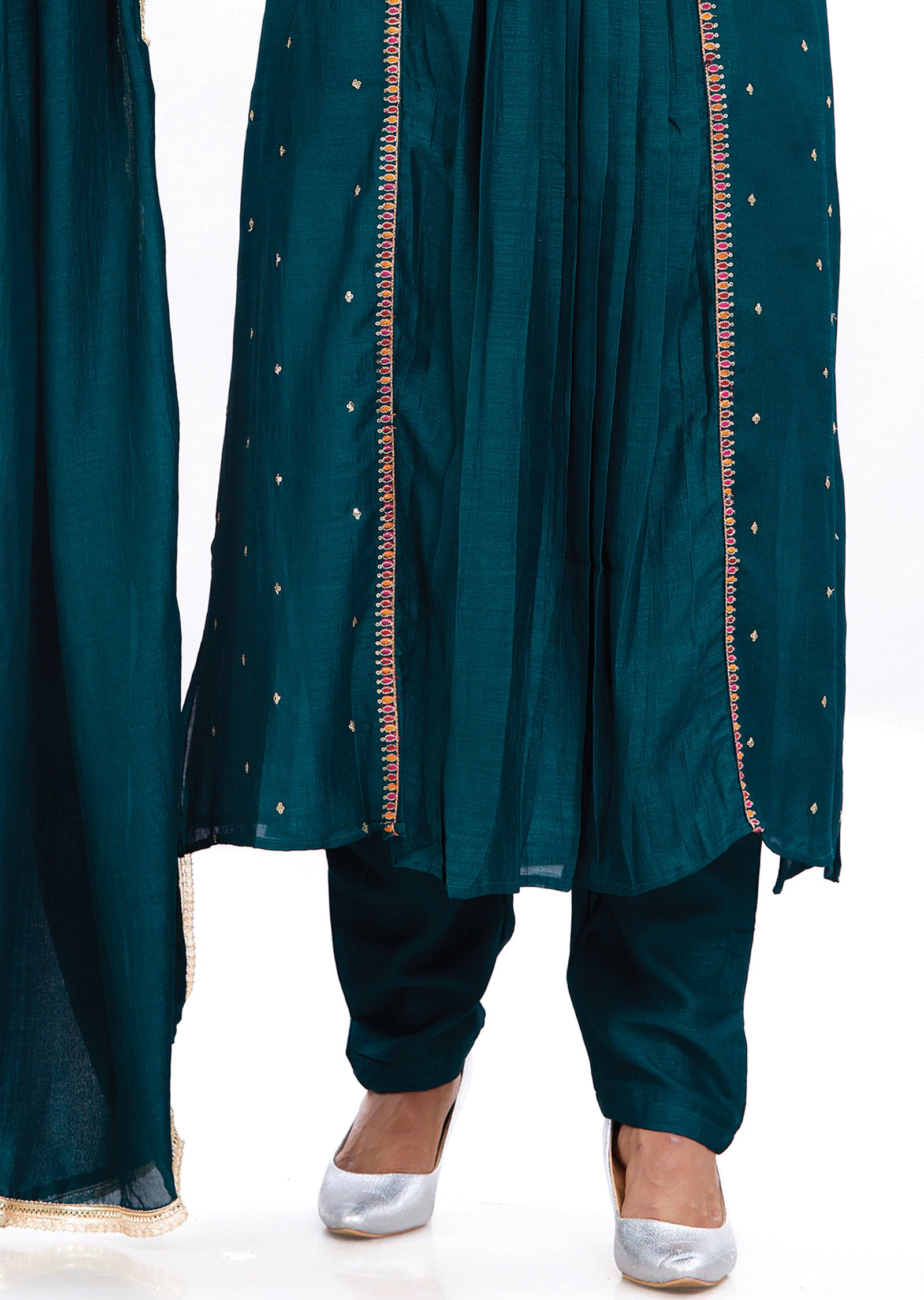 Dark Green Silk Kurti with Zari, Resham & Sequence Work