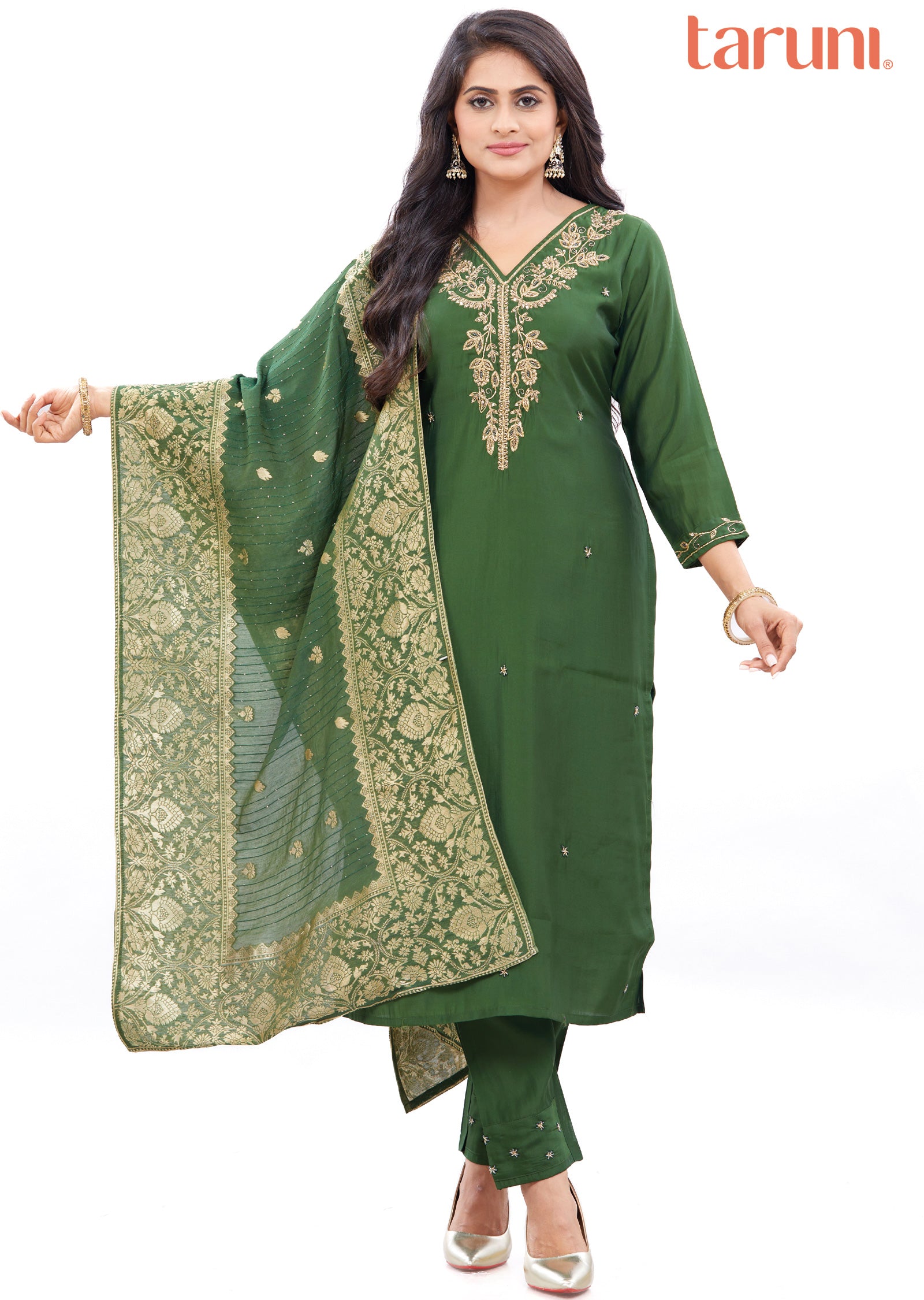 Olive Green Soft Silk Kurti with Zardosi & Beads Work
