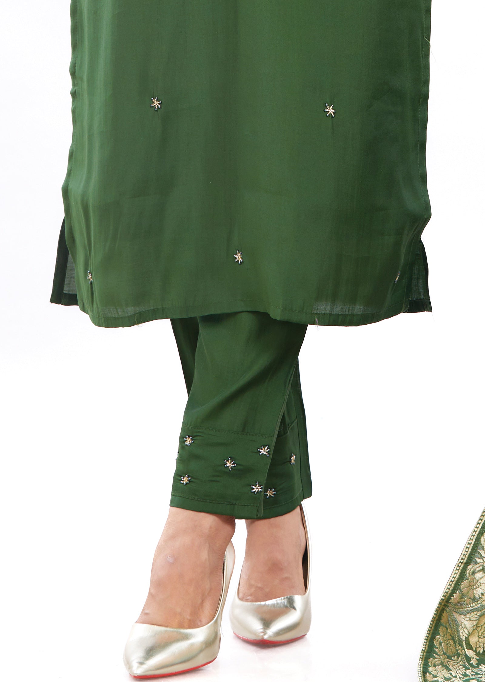 Olive Green Soft Silk Kurti with Zardosi & Beads Work