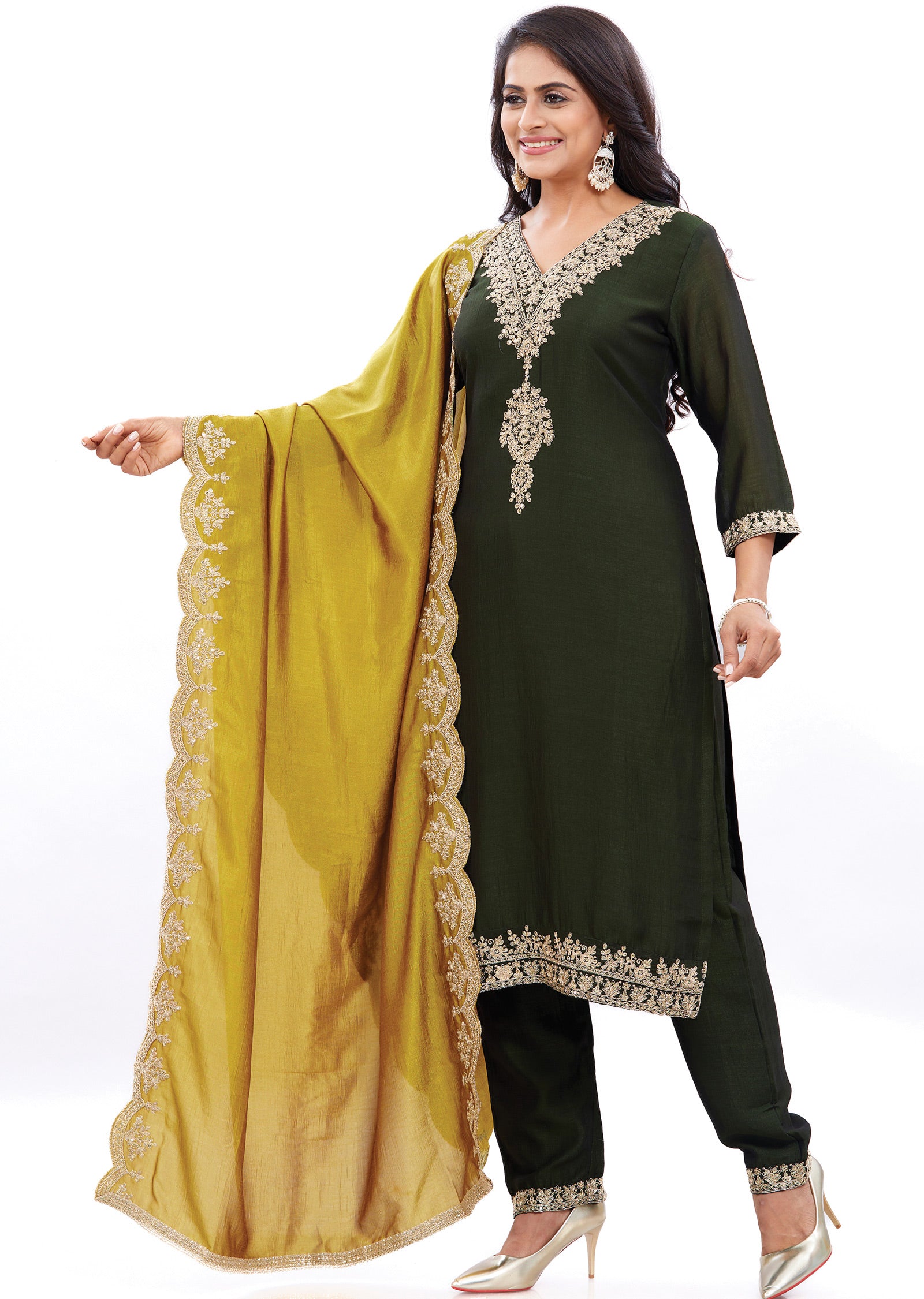Dark Olive Green Silk Kurti with Dori & Sequence Work