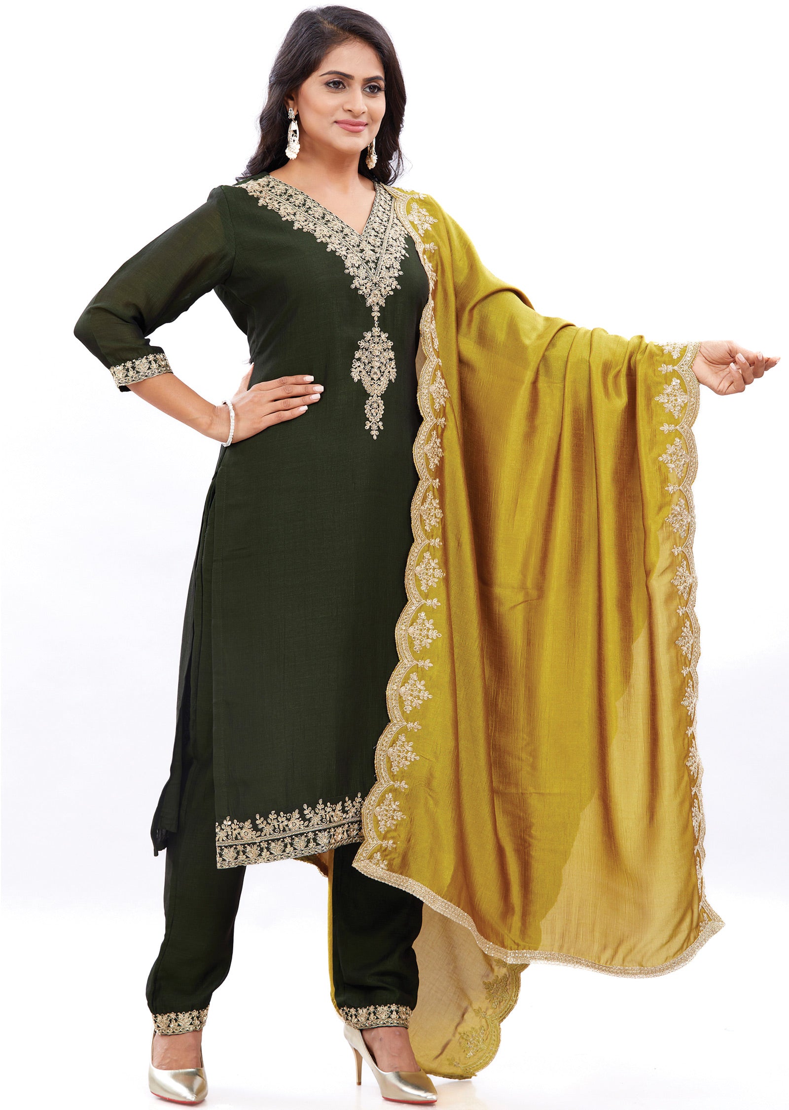 Dark Olive Green Silk Kurti with Dori & Sequence Work
