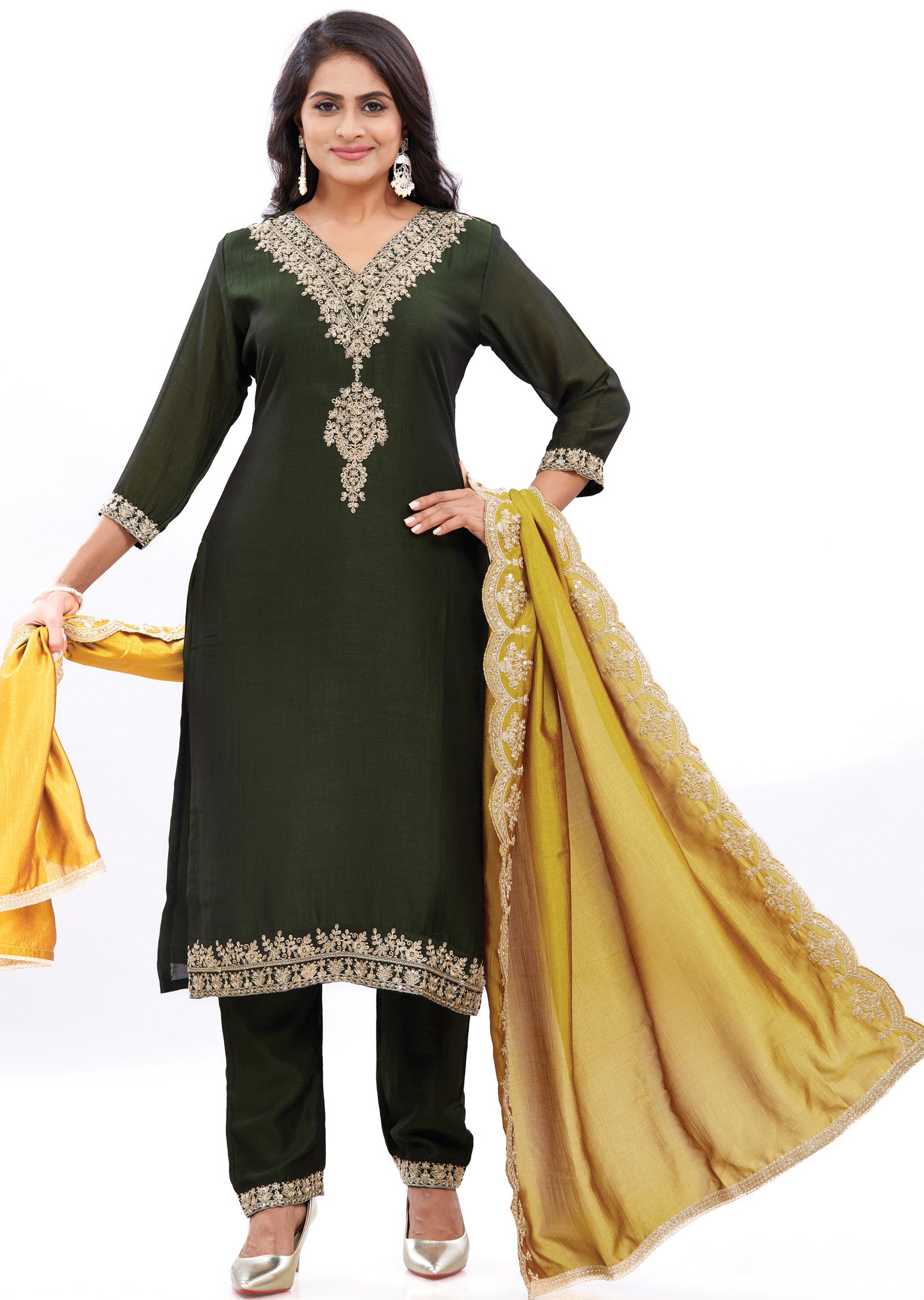 Dark Olive Green Silk Kurti with Dori & Sequence Work