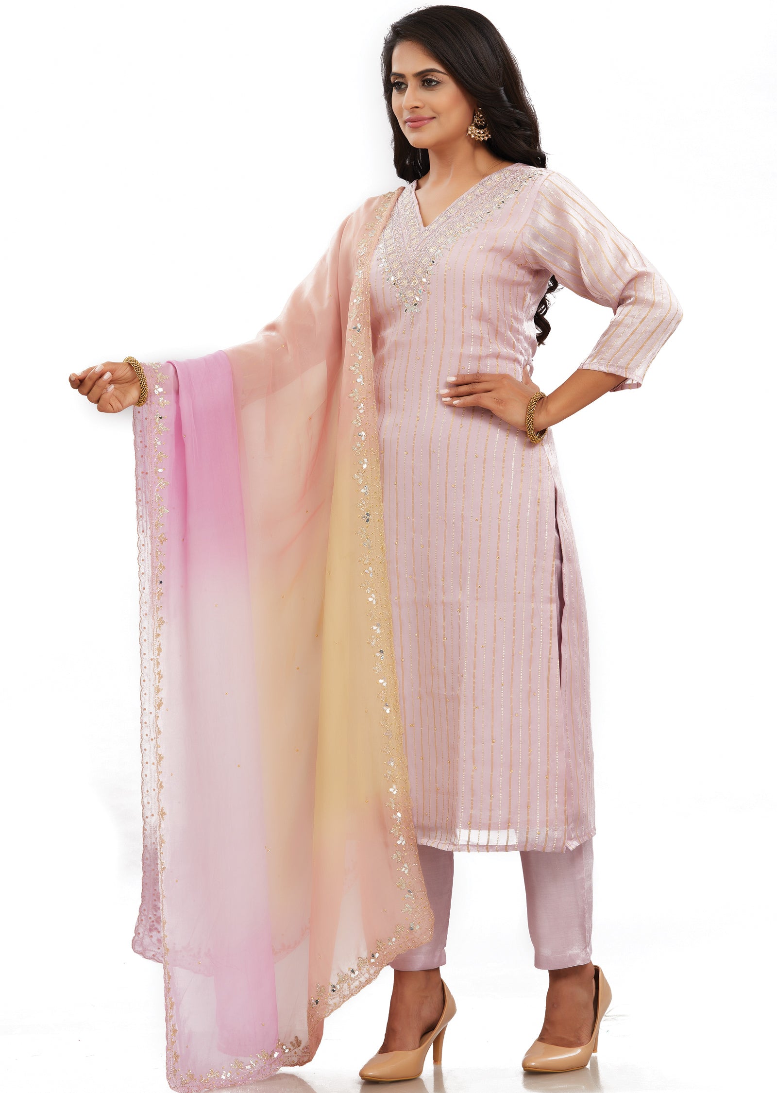 Lilac Banaras Organza Kurti with Zardosi & Mirror Work