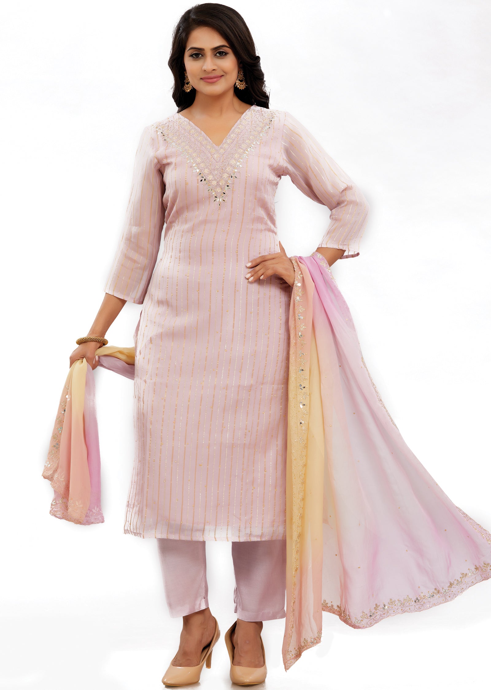 Lilac Banaras Organza Kurti with Zardosi & Mirror Work