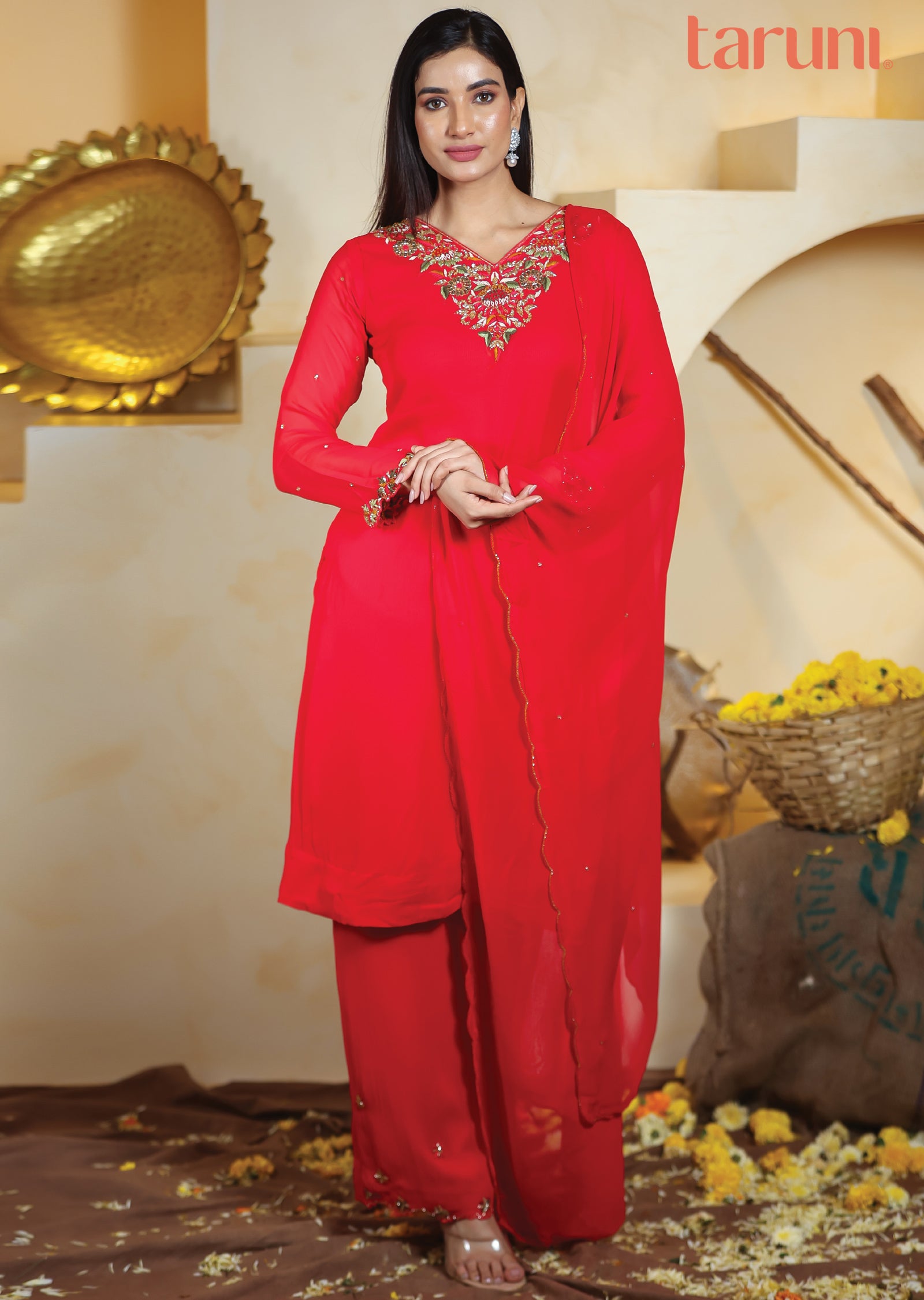 Red Georgette Straight Cut Suits