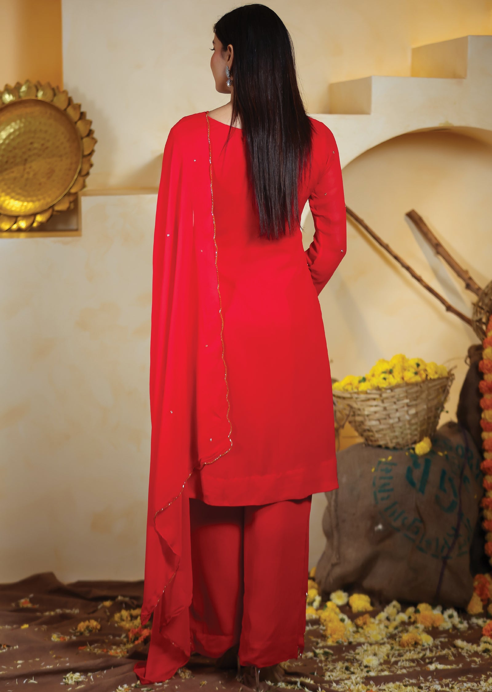 Red Georgette Straight Cut Suits