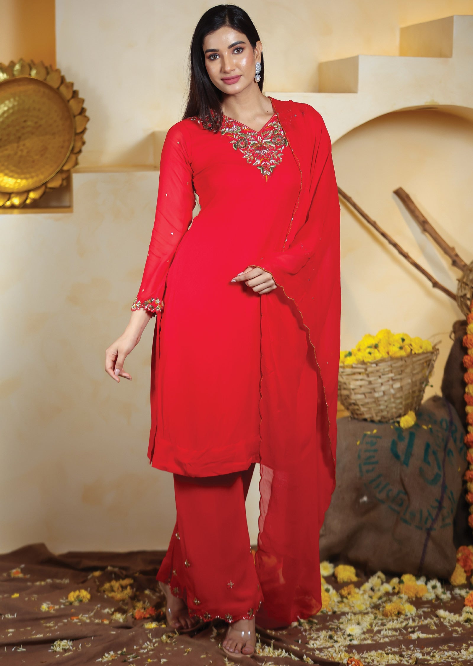 Red Georgette Straight Cut Suits