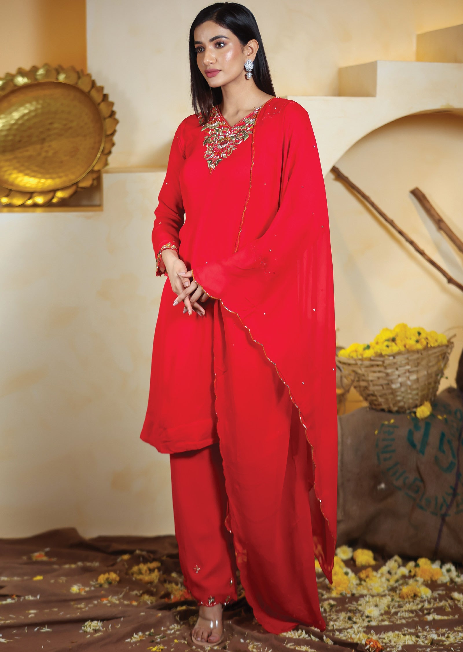 Red Georgette Straight Cut Suits