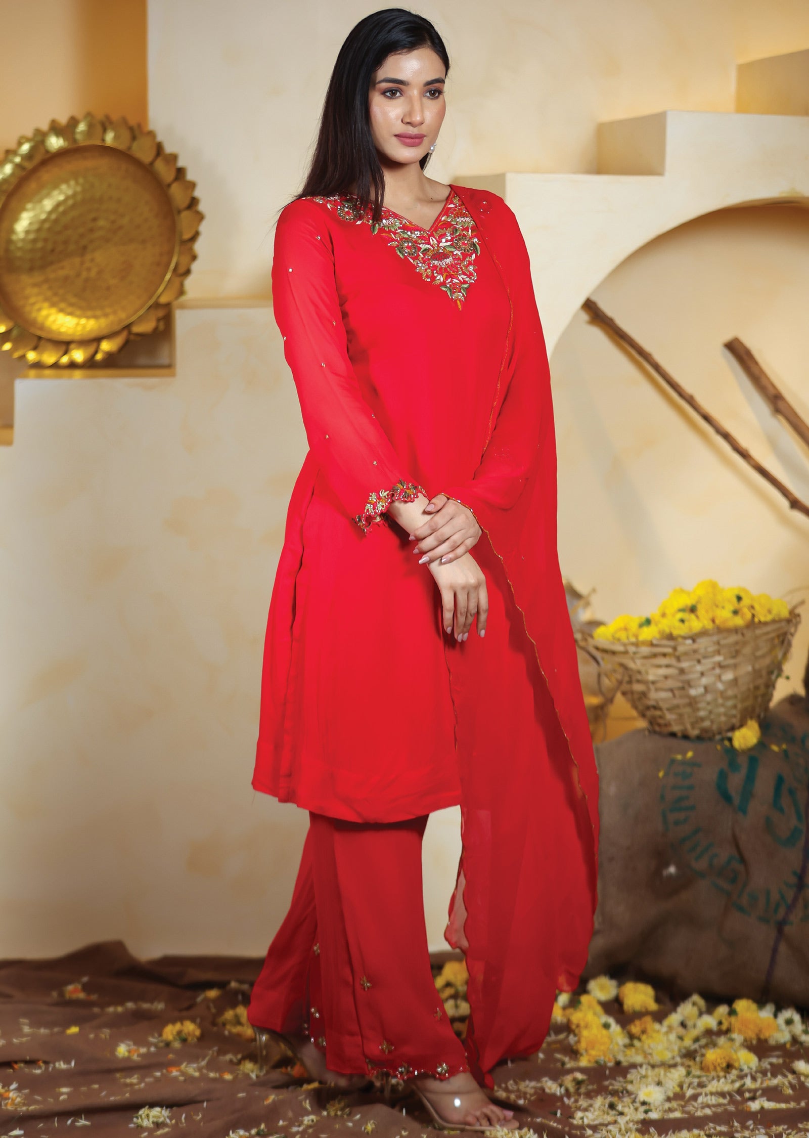 Red Georgette Straight Cut Suits