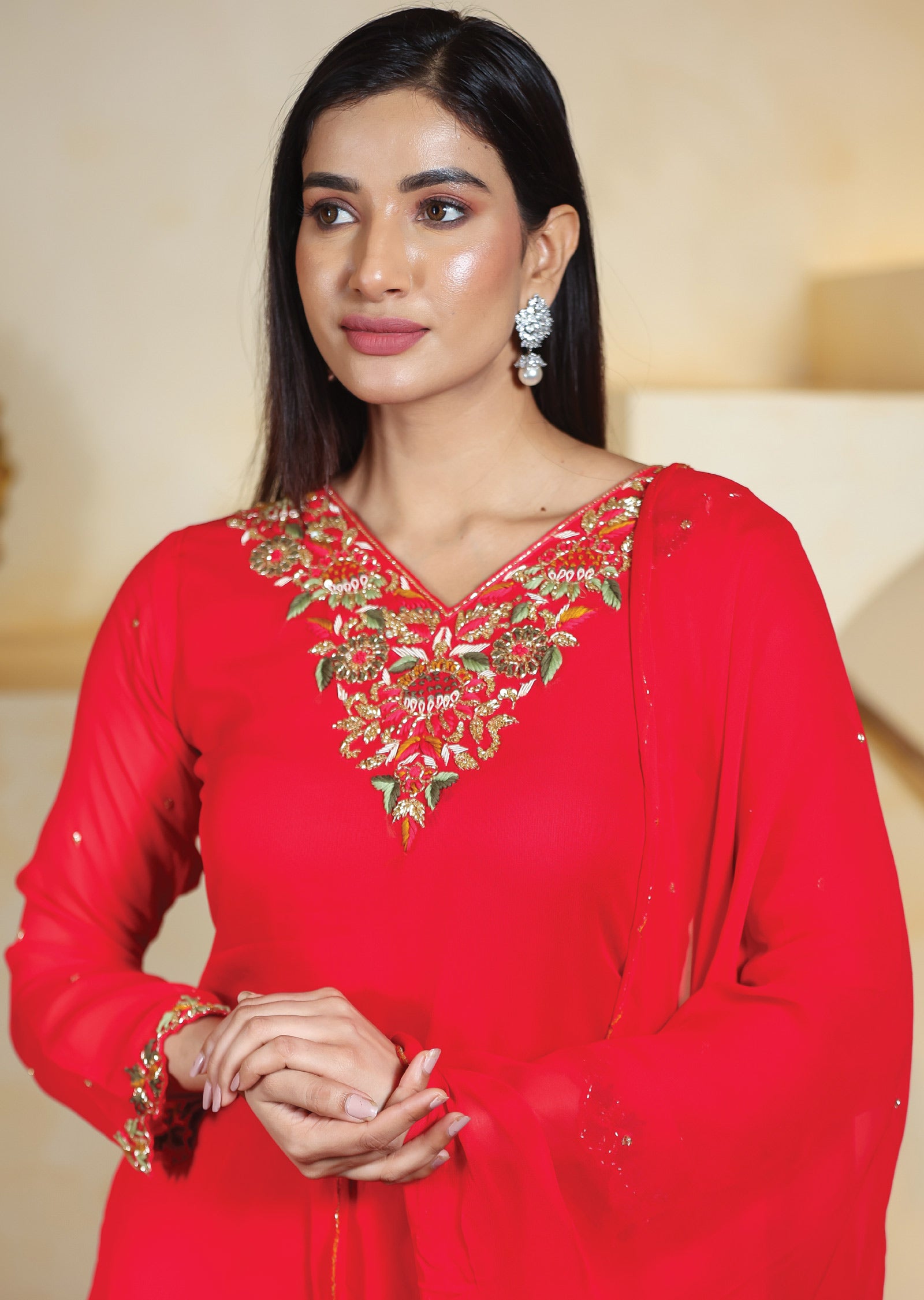 Red Georgette Straight Cut Suits