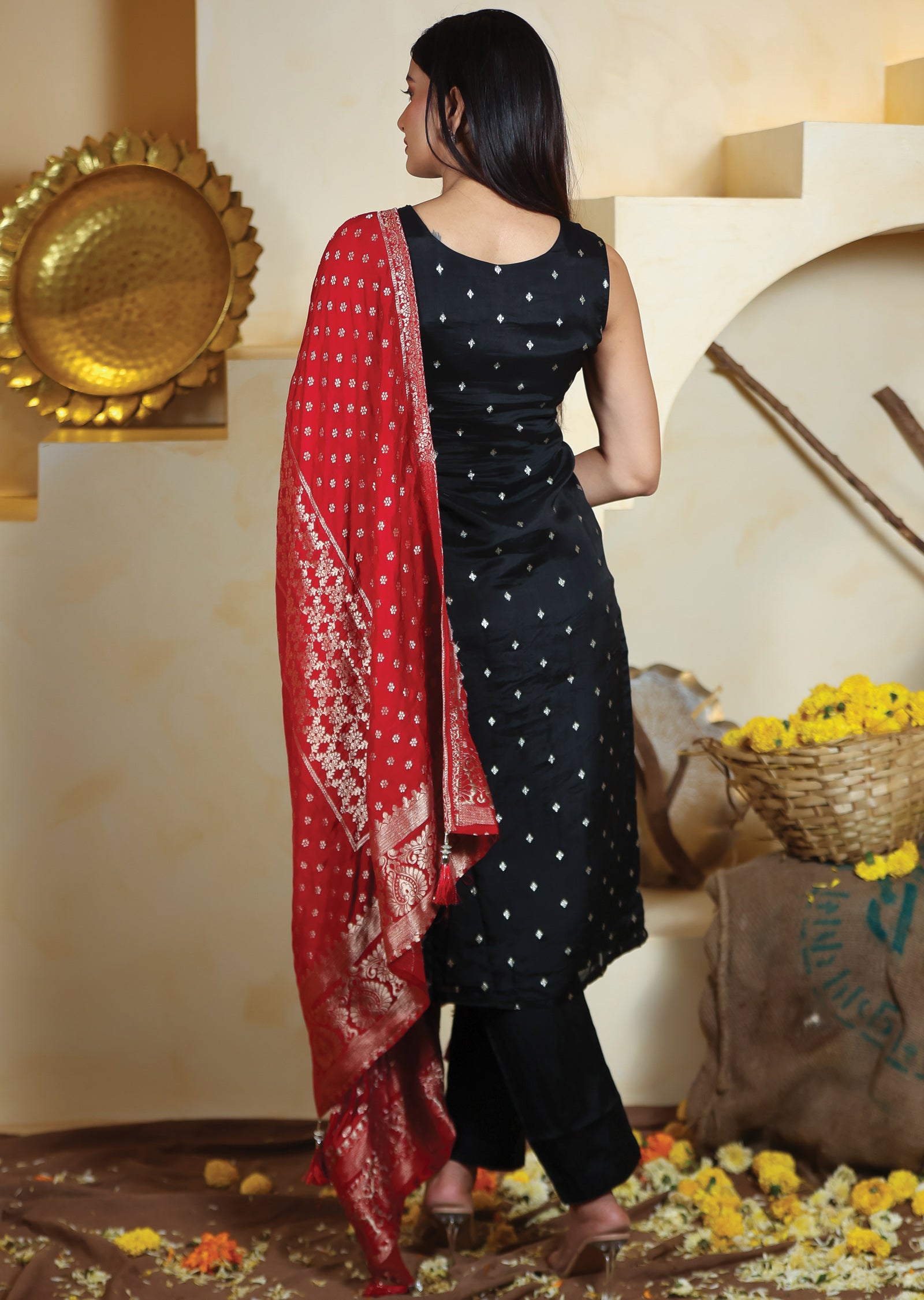 Black Banaras Organza Straight Cut Suits