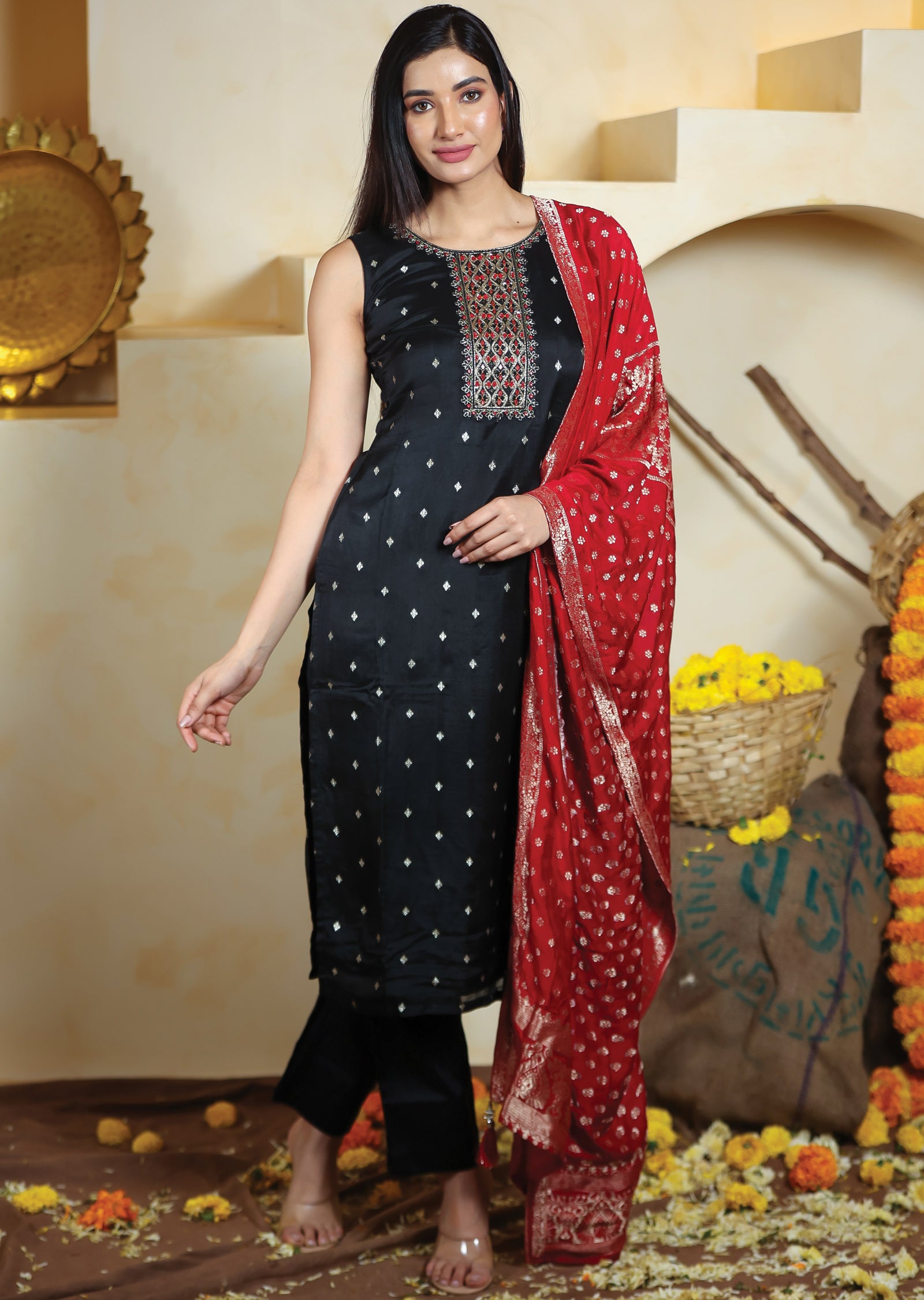 Black Banaras Organza Straight Cut Suits