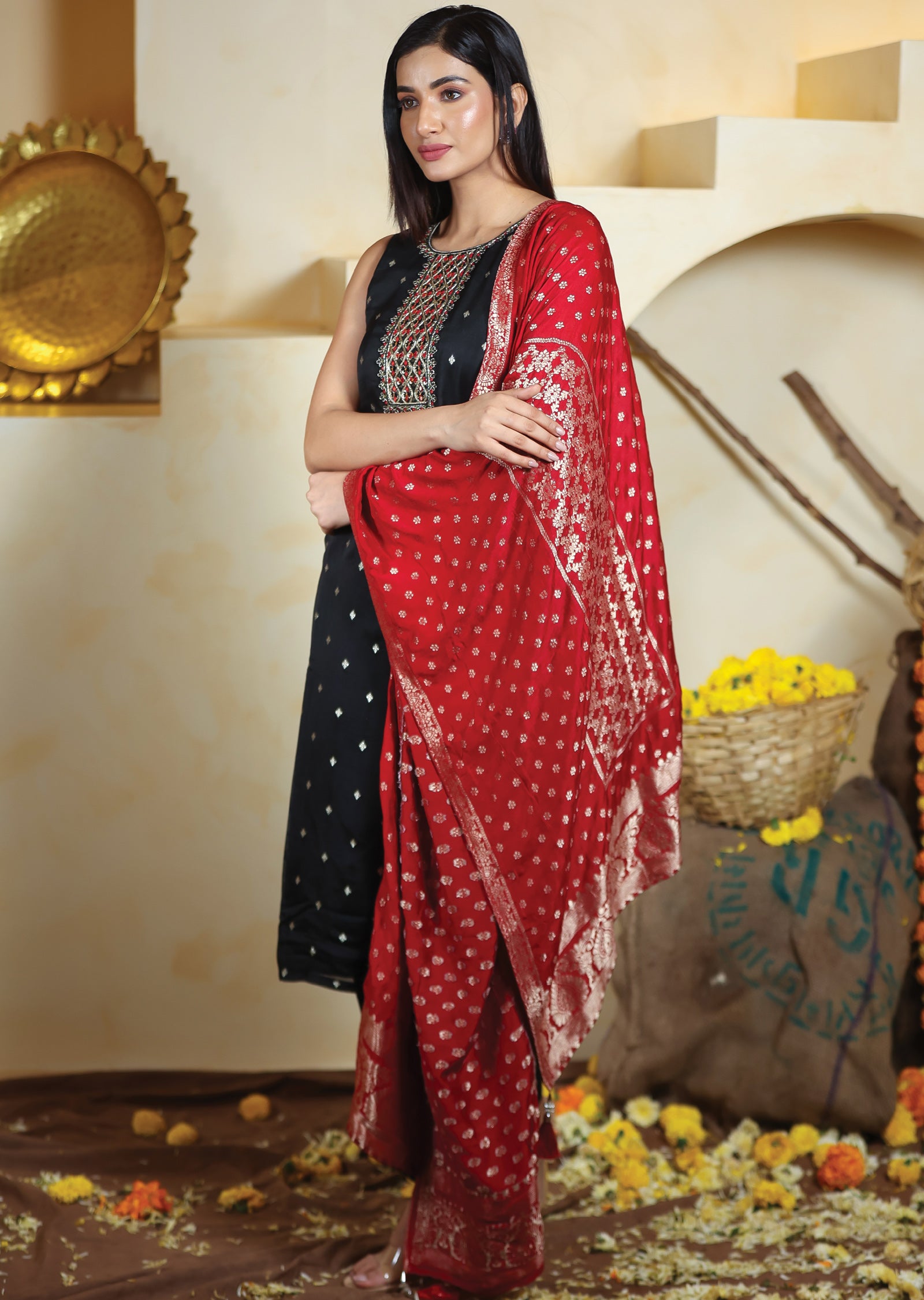 Black Banaras Organza Straight Cut Suits