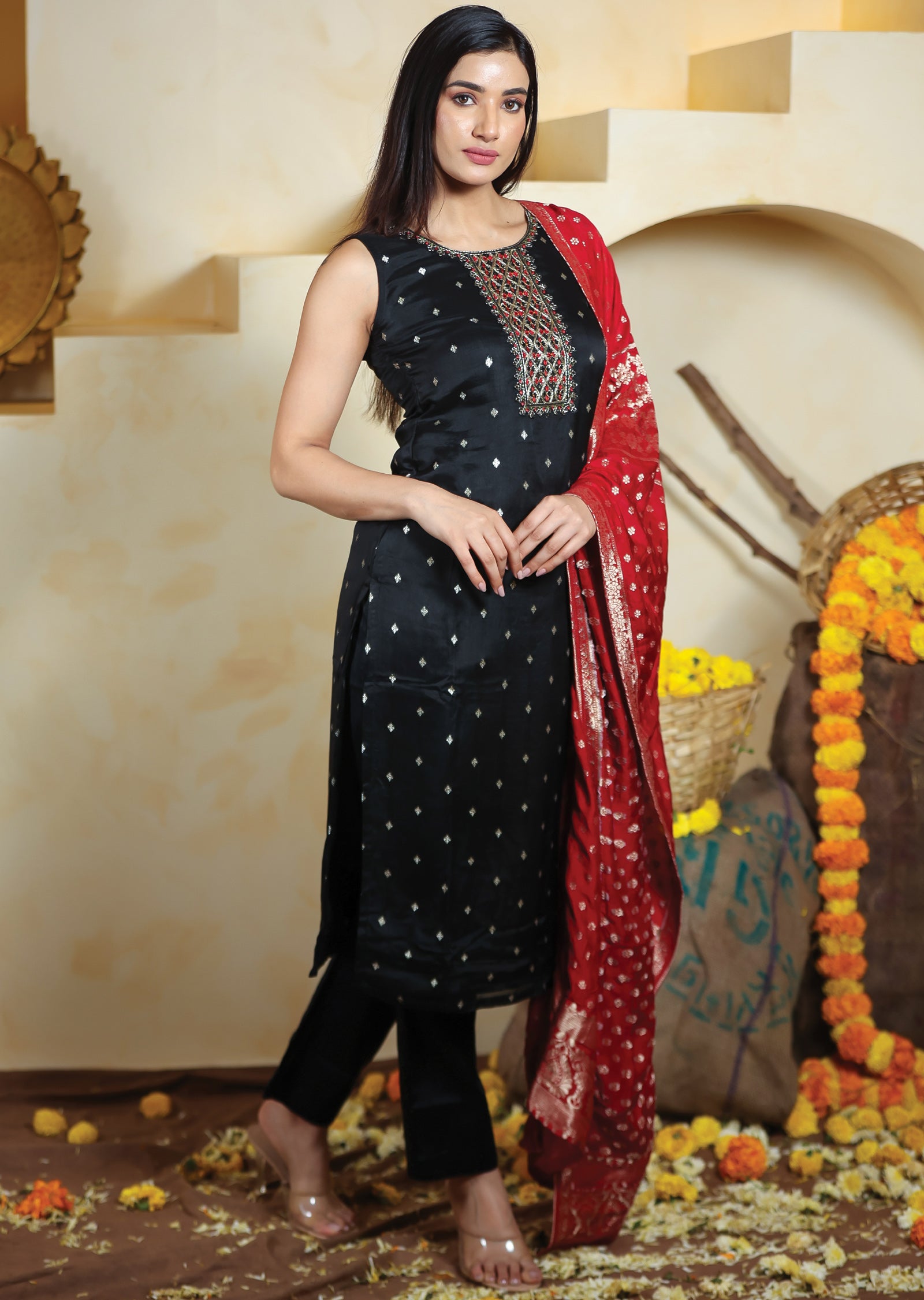 Black Banaras Organza Straight Cut Suits