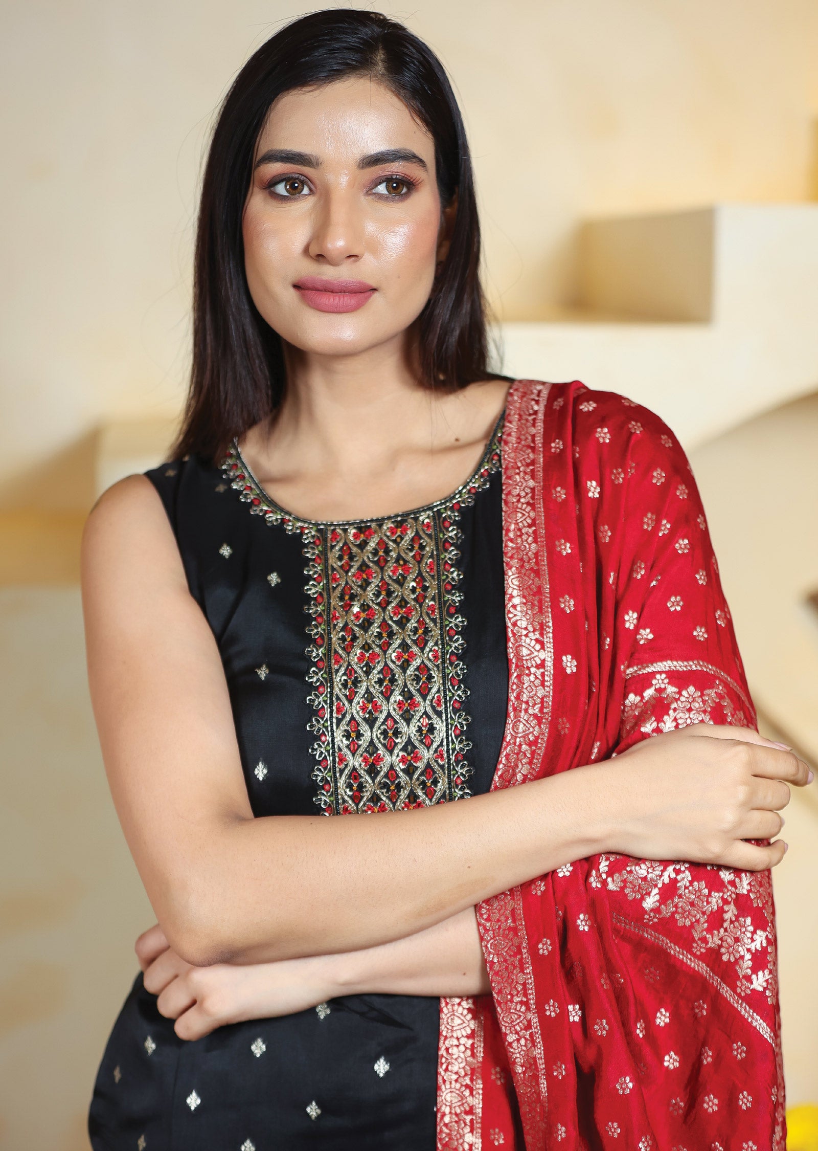 Black Banaras Organza Straight Cut Suits