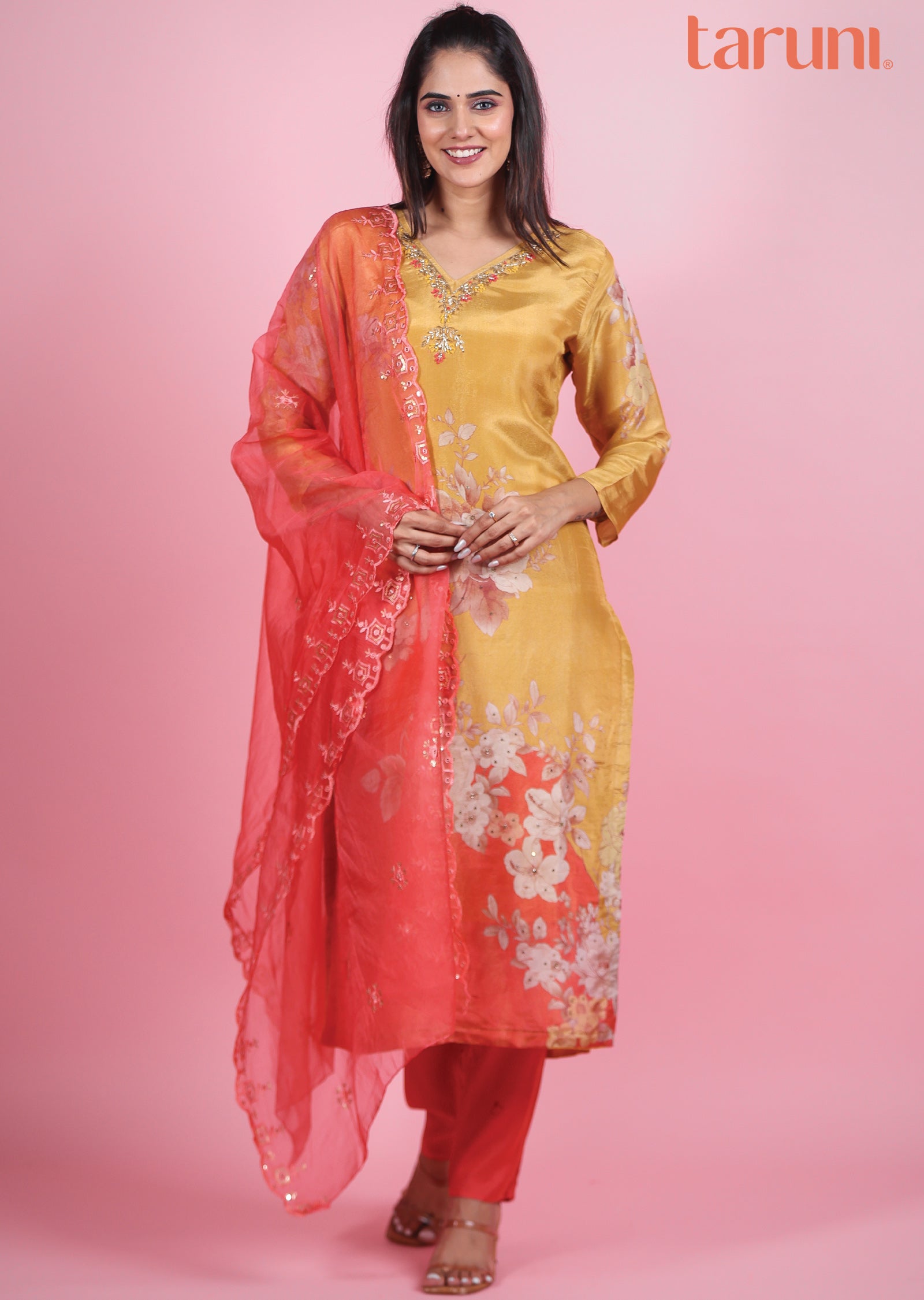 Mustard Pink Tissue Silk Straight Cut Suit