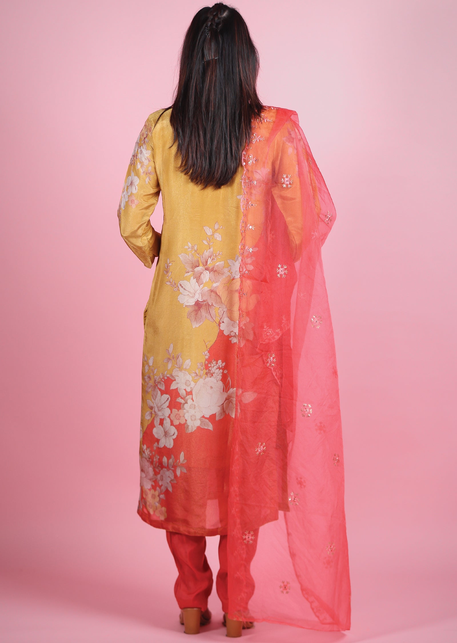 Mustard Pink Tissue Silk Straight Cut Suit