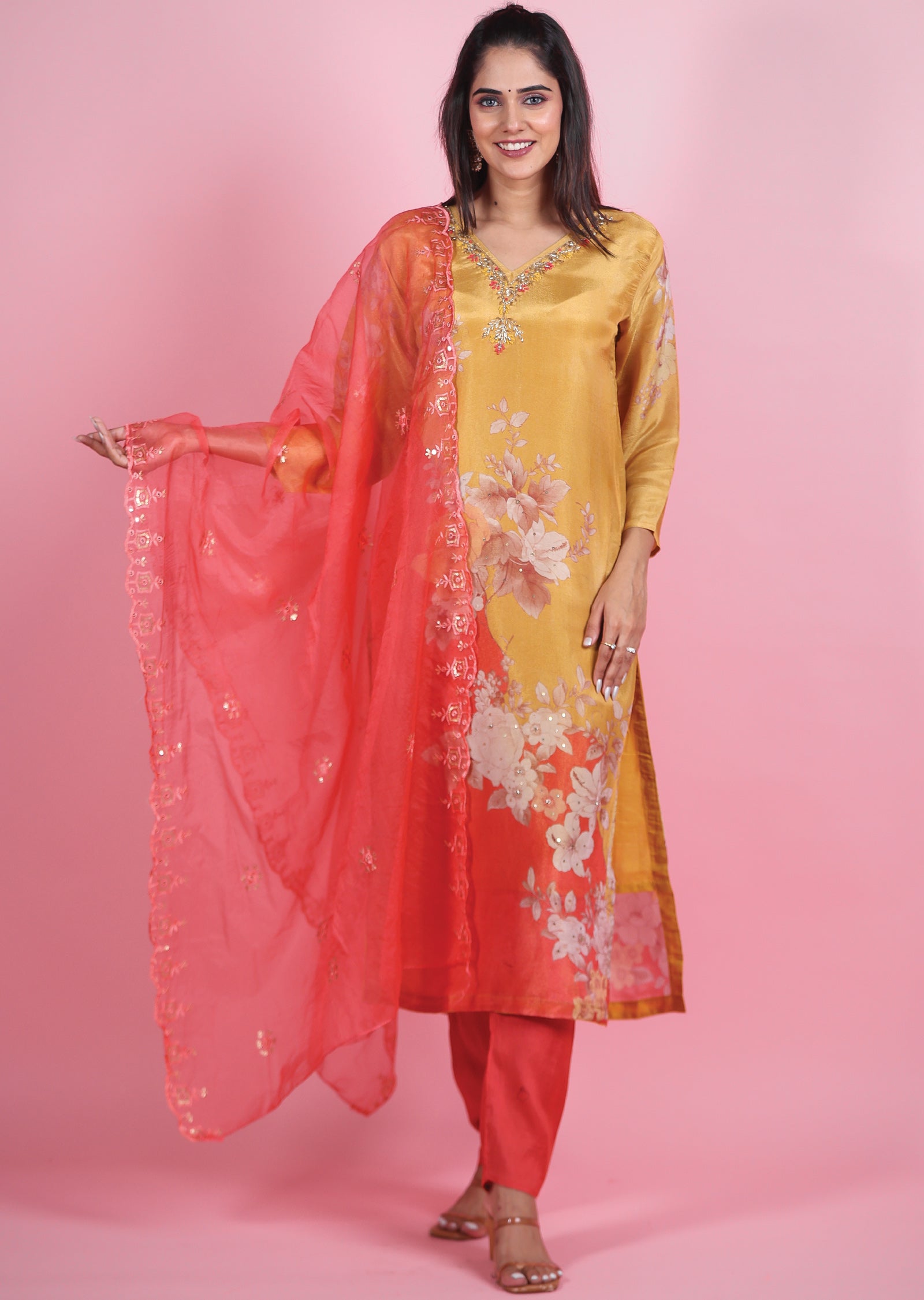 Mustard Pink Tissue Silk Straight Cut Suit