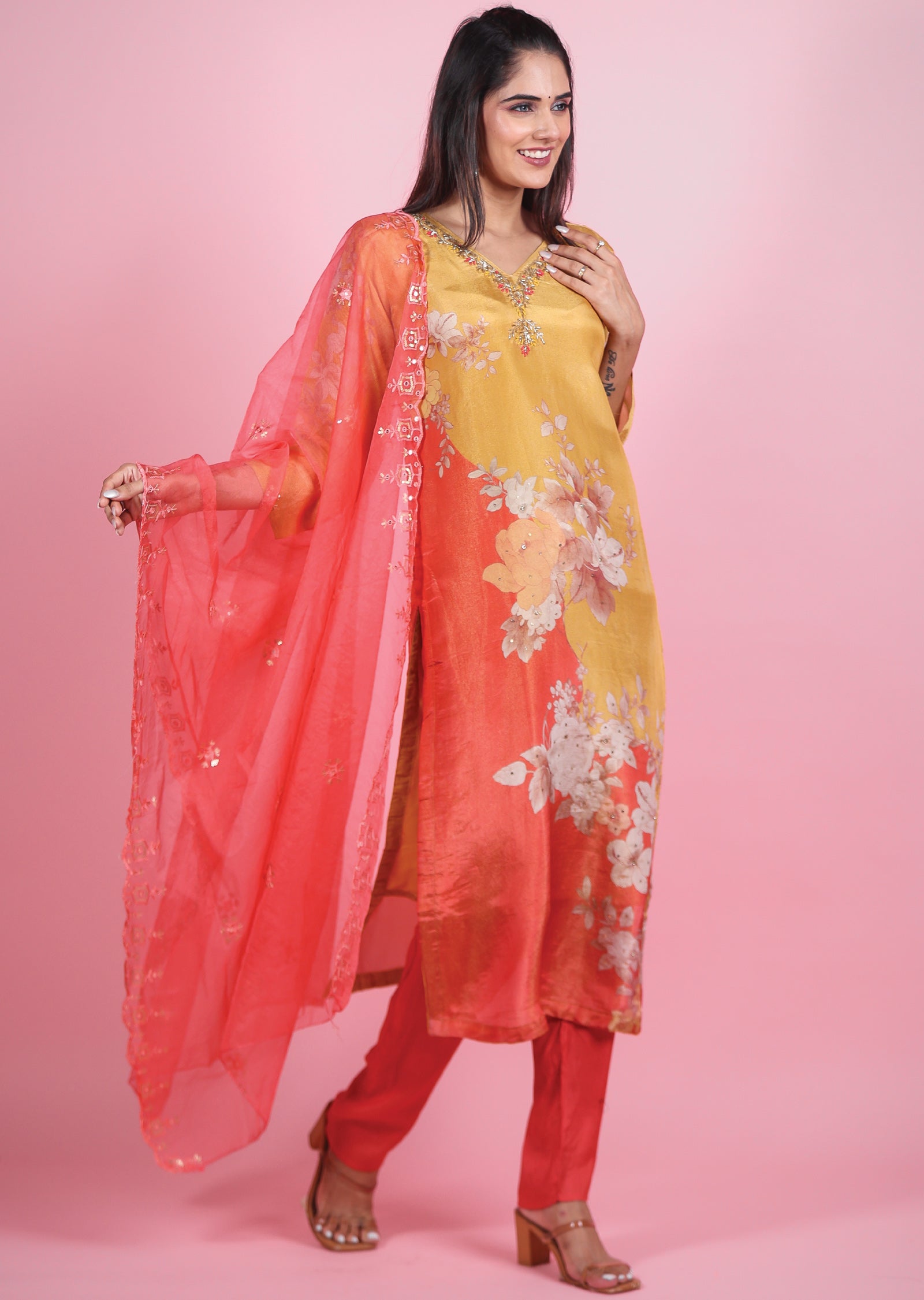 Mustard Pink Tissue Silk Straight Cut Suit