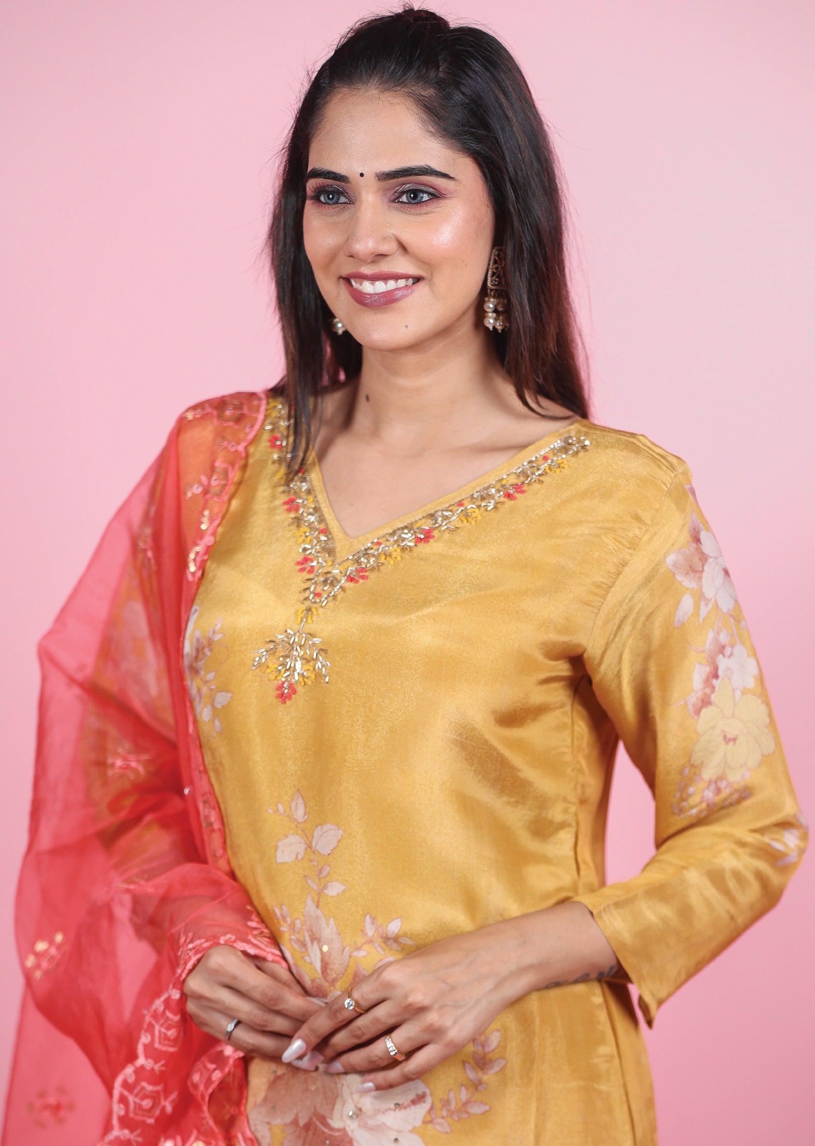 Mustard Pink Tissue Silk Straight Cut Suit
