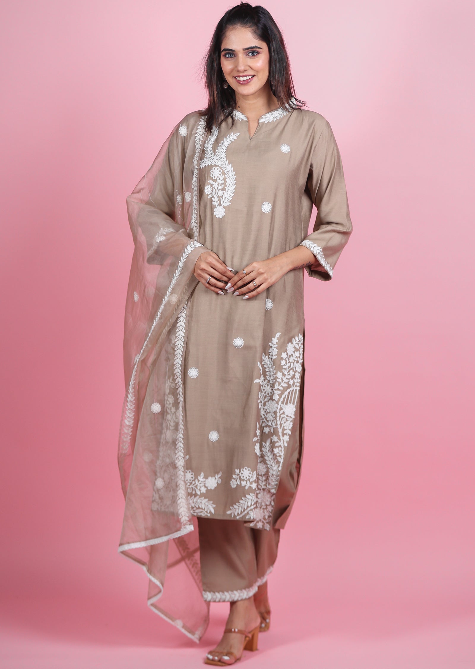 Fawn Brown Silk Straight Cut Suits