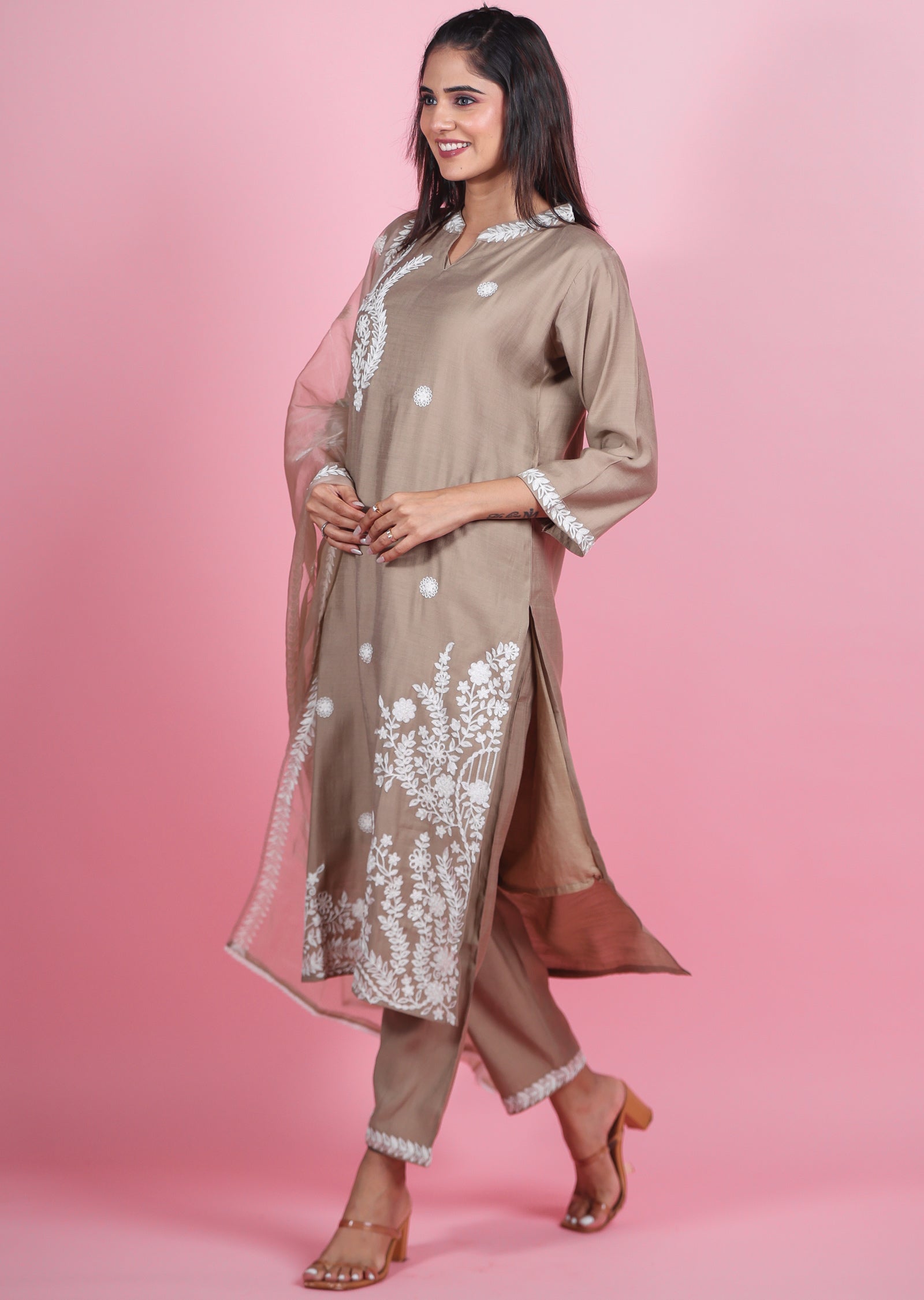 Fawn Brown Silk Straight Cut Suits