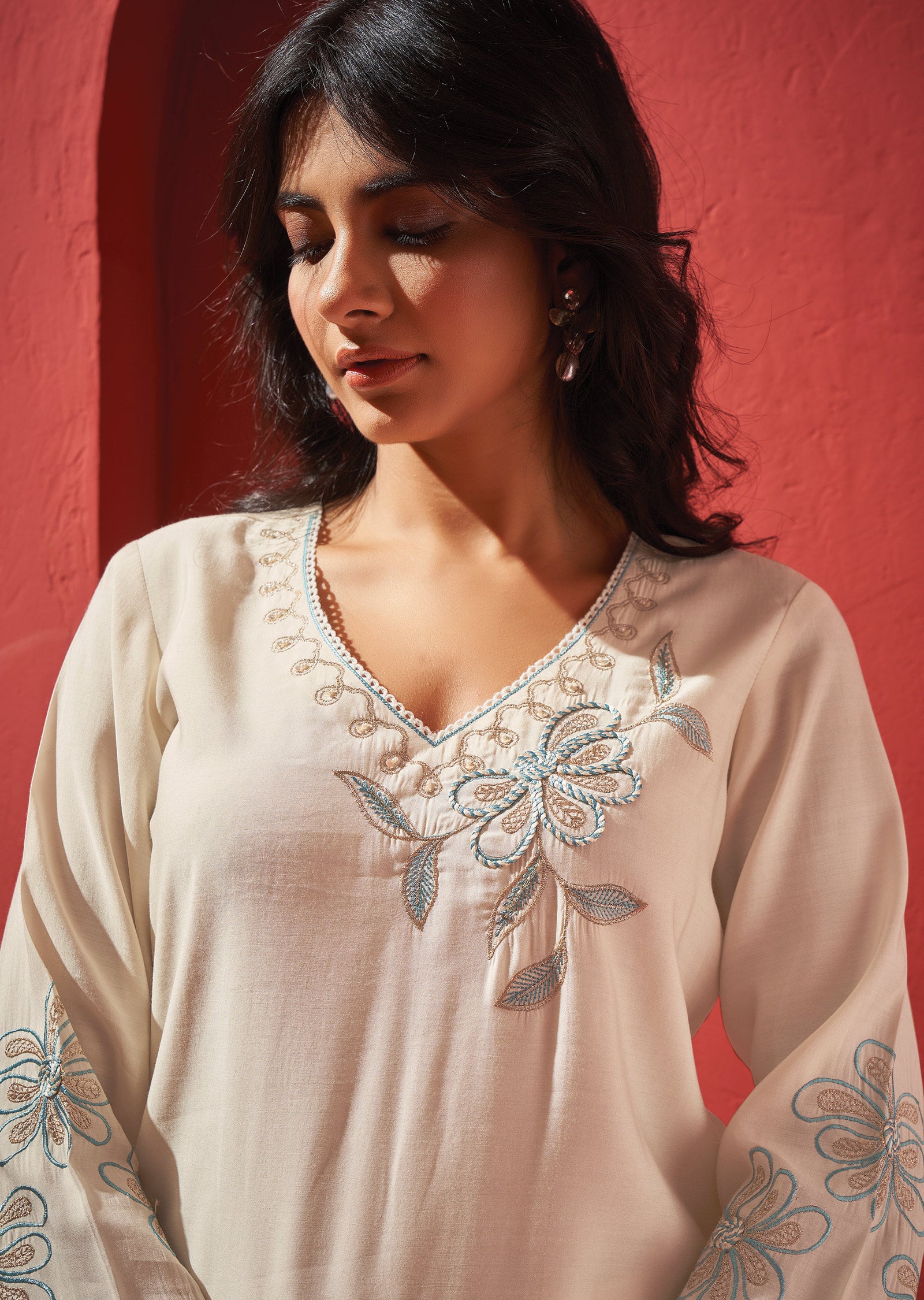 Cream Chanderi Straight Cut Suits