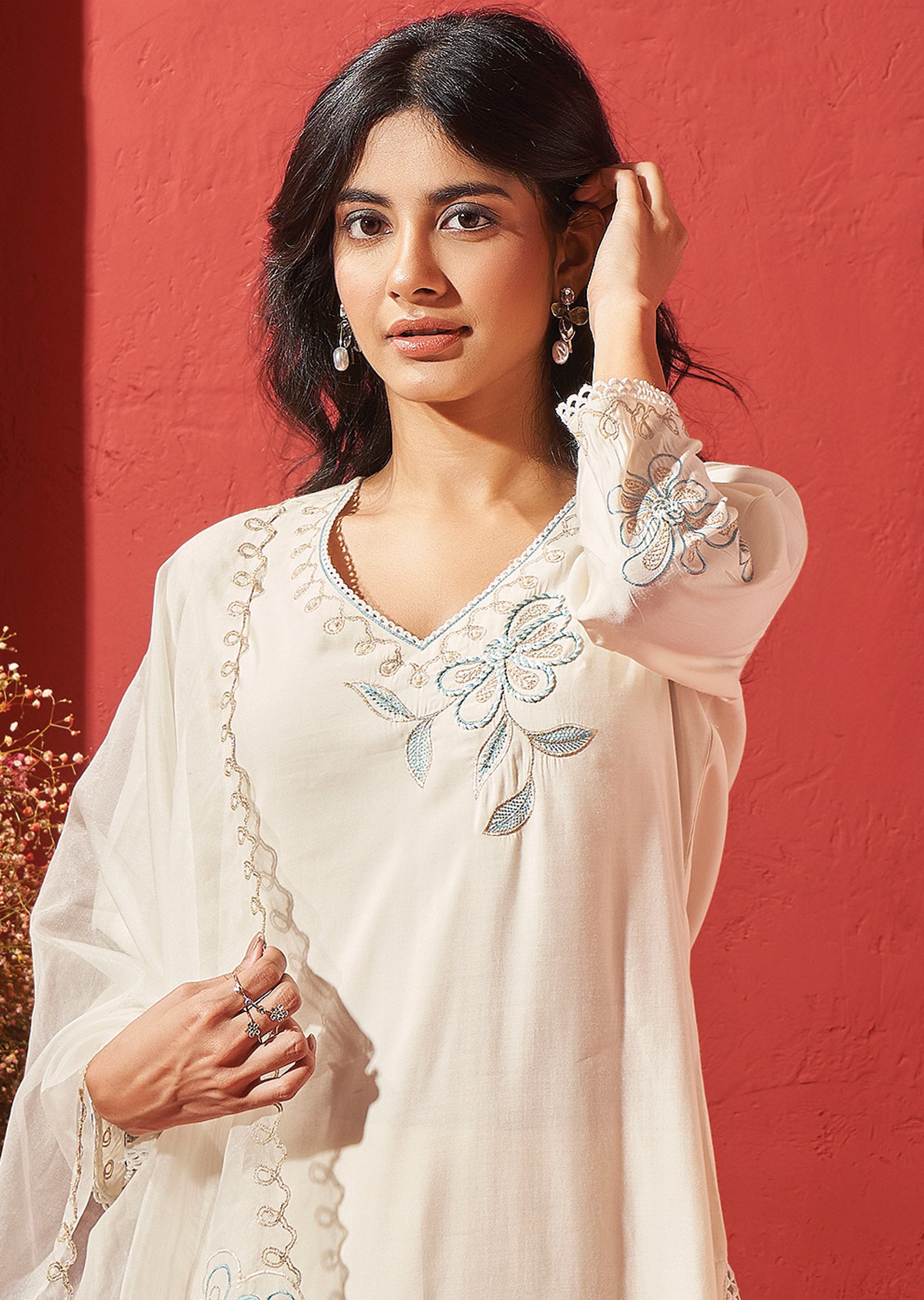Cream Chanderi Straight Cut Suits