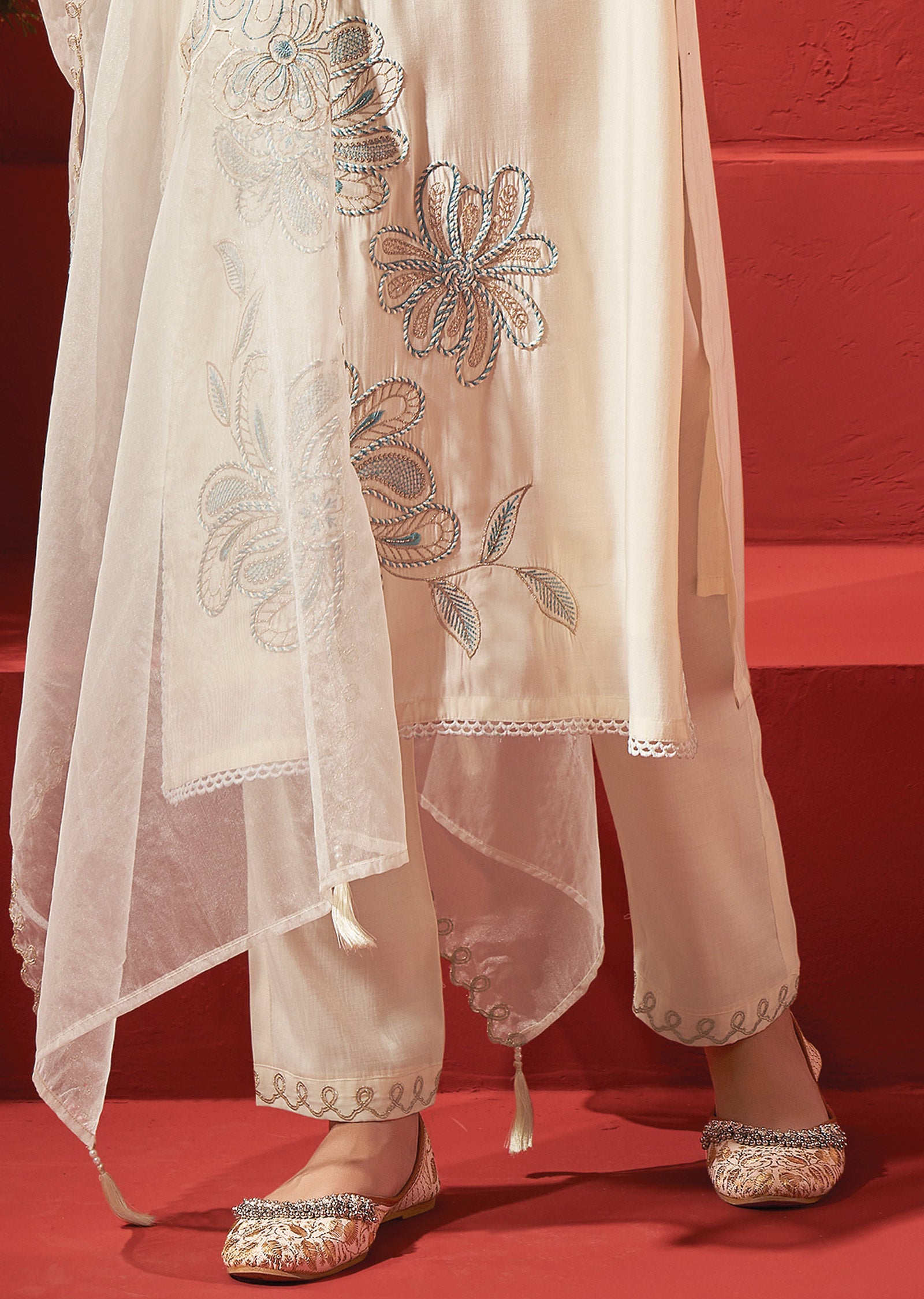 Cream Chanderi Straight Cut Suits