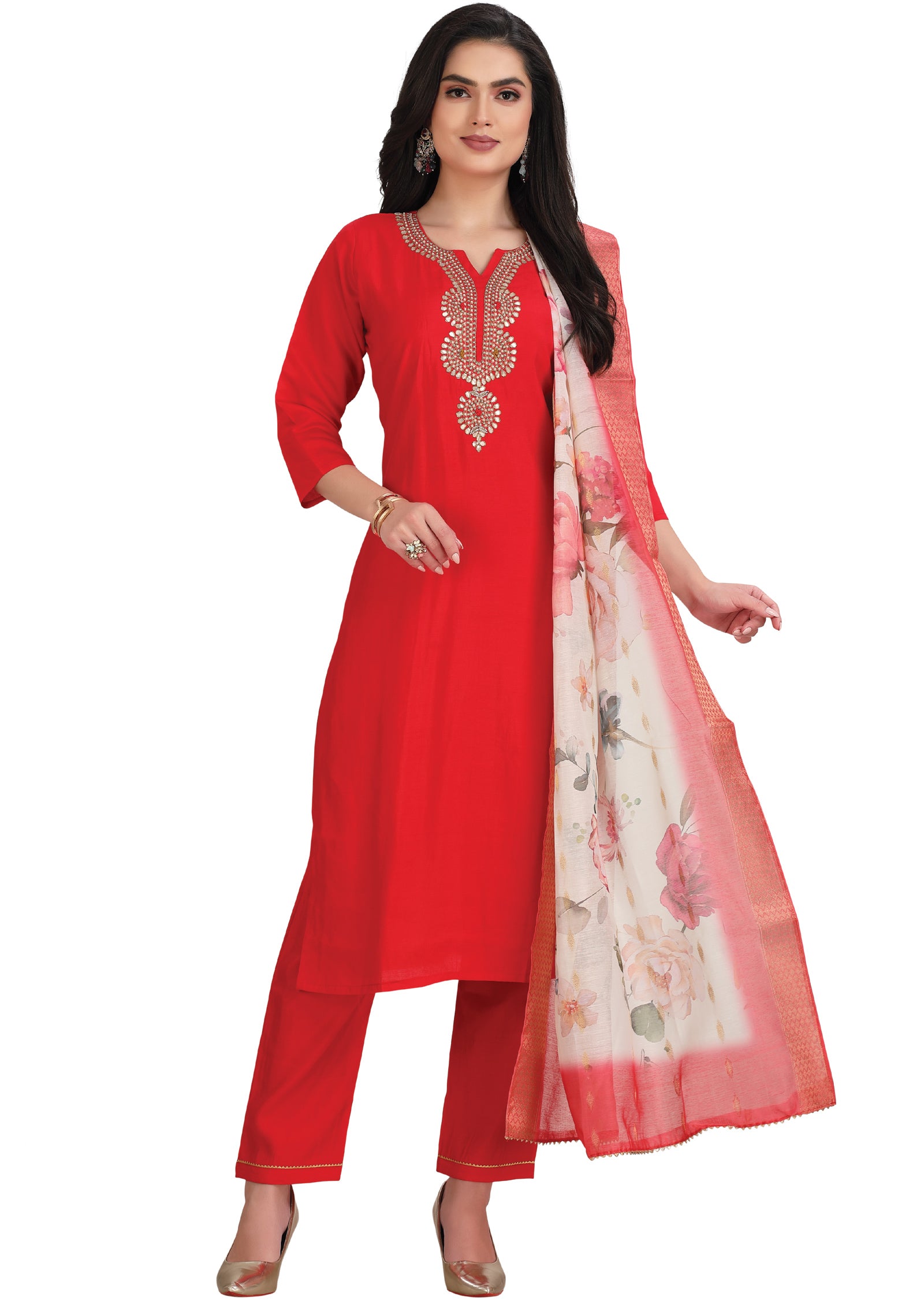 Red Soft Silk Straight Cut Suit