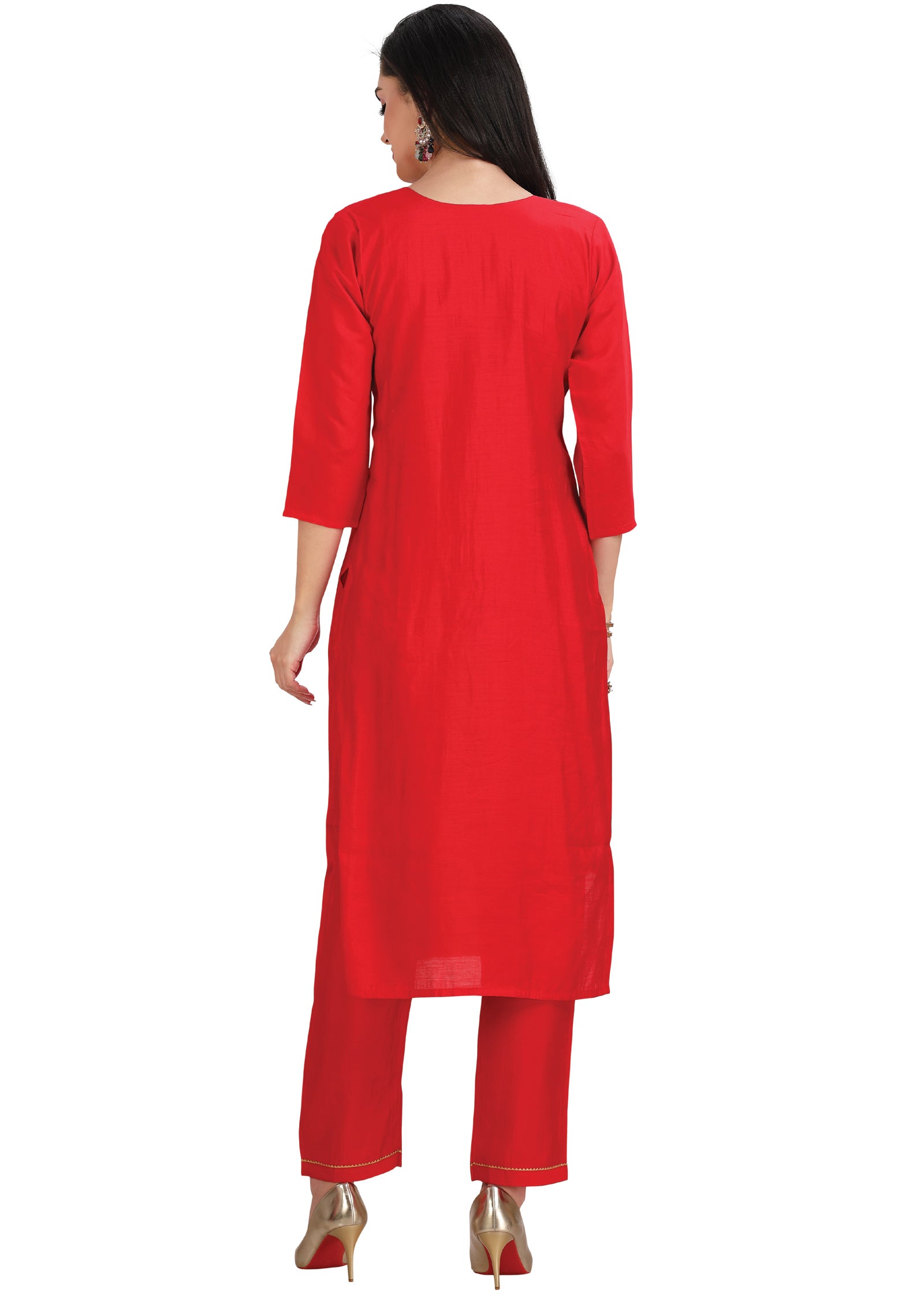 Red Soft Silk Straight Cut Suit