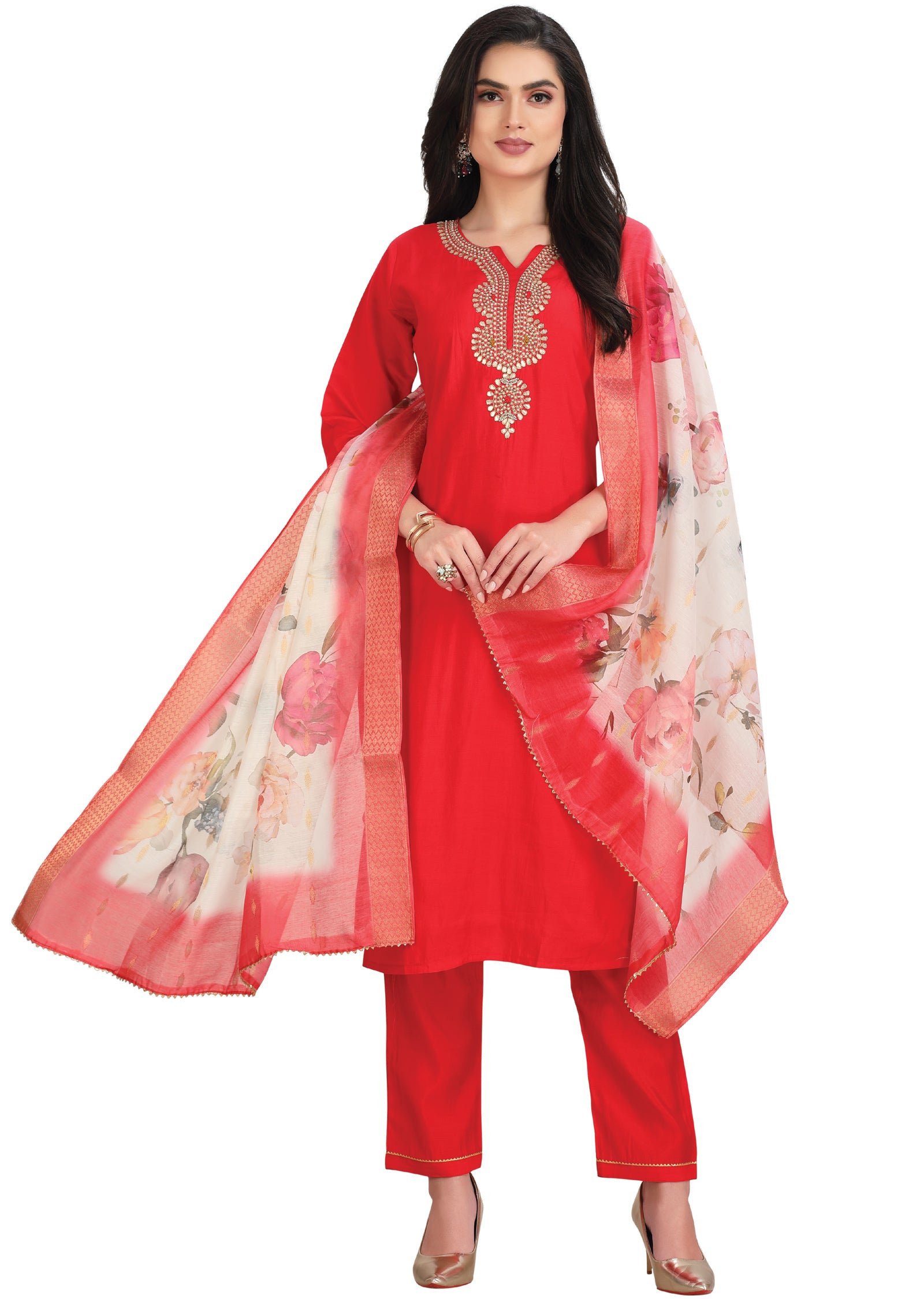 Red Soft Silk Straight Cut Suit