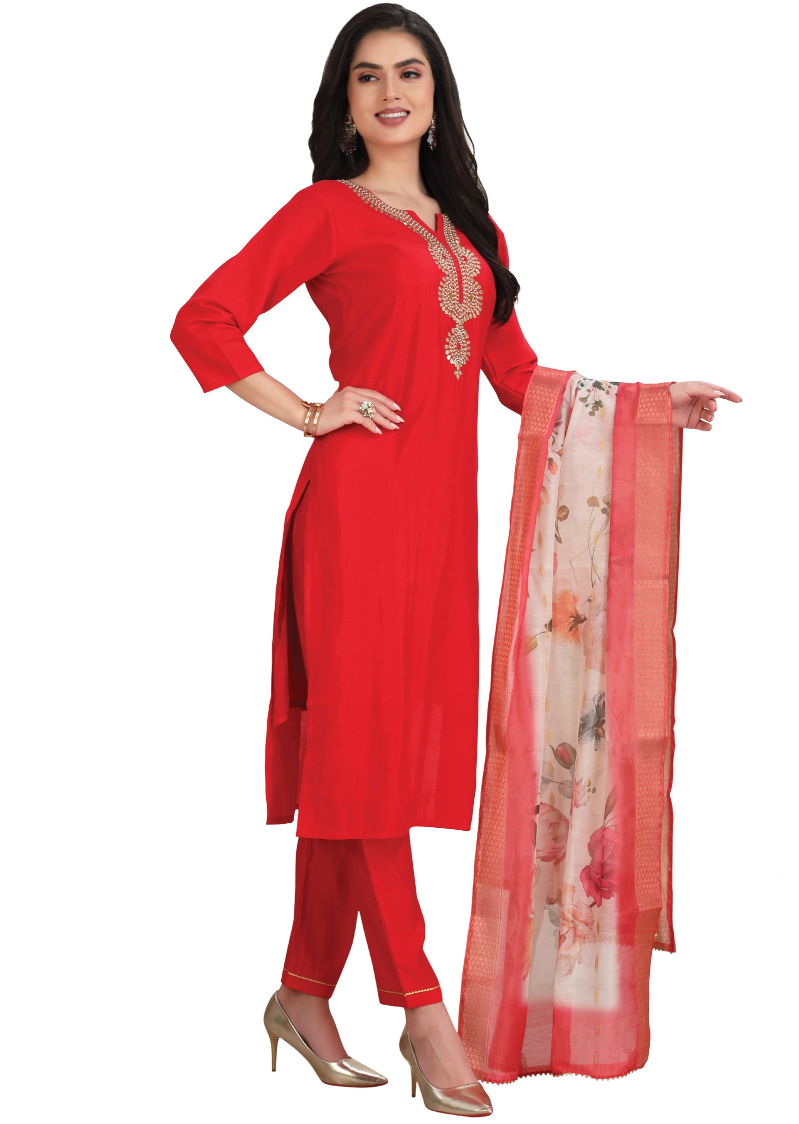 Red Soft Silk Straight Cut Suit