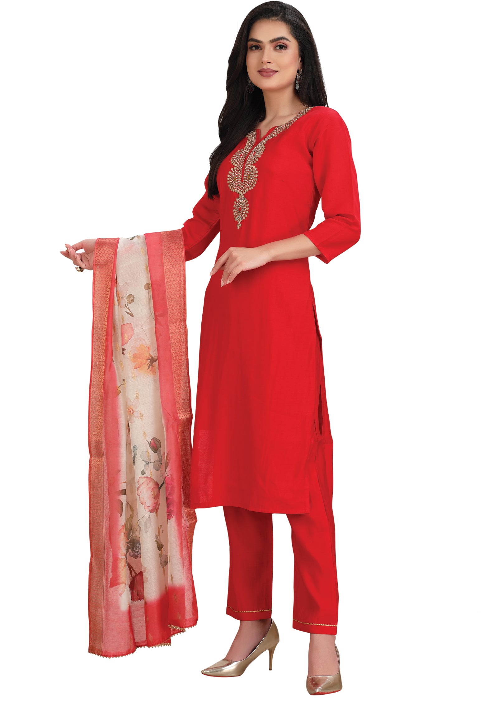 Red Soft Silk Straight Cut Suit