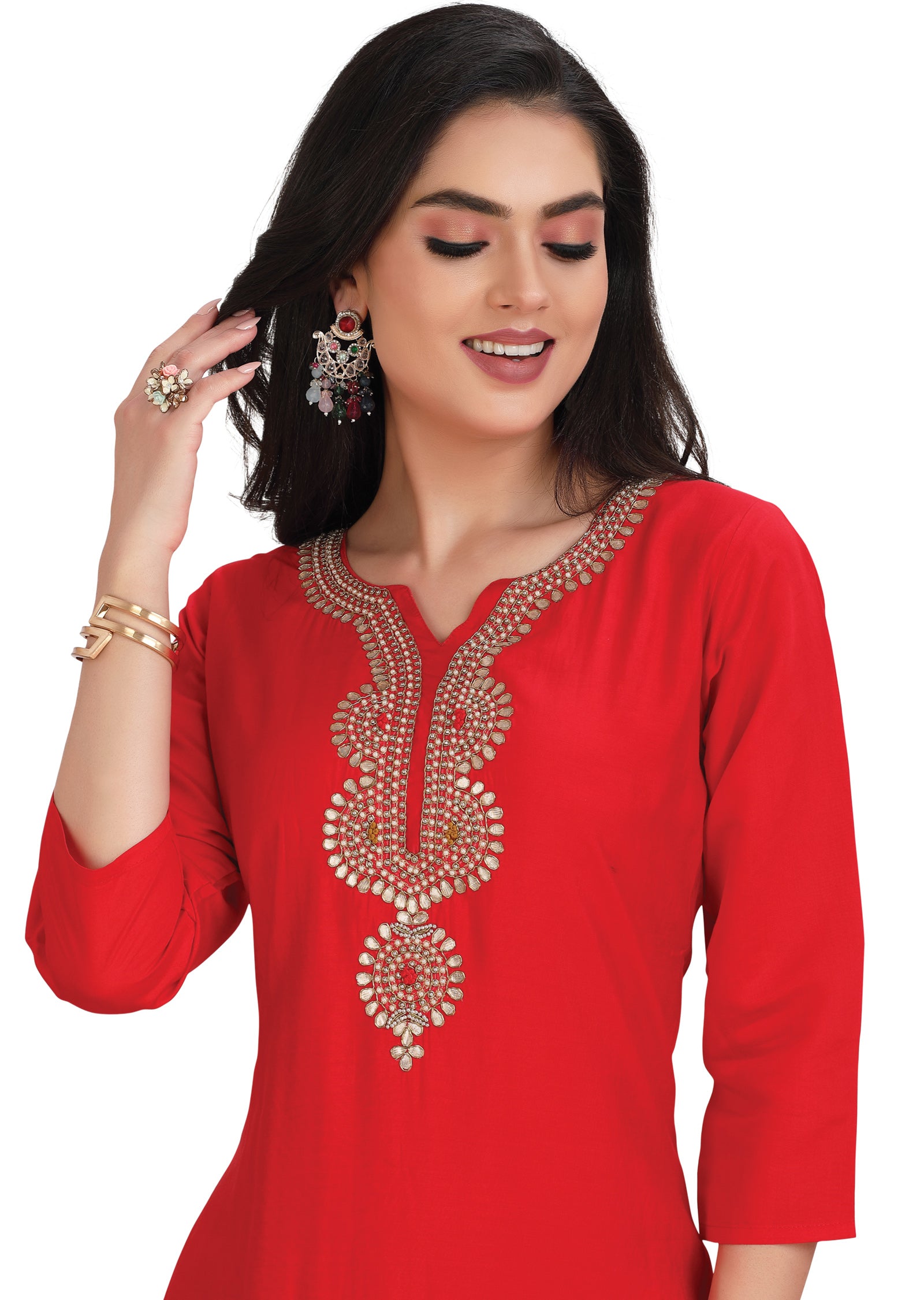 Red Soft Silk Straight Cut Suit