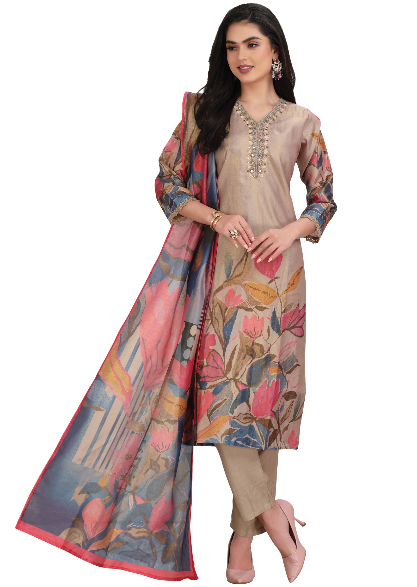 Fawn Tissue Silk Straight Cut Suit