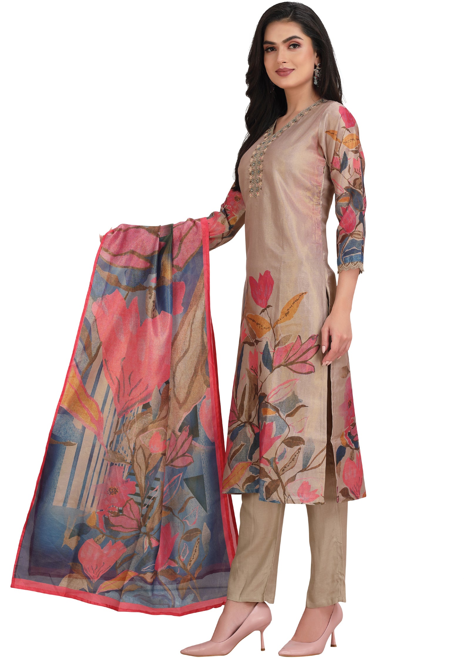 Fawn Tissue Silk Straight Cut Suit